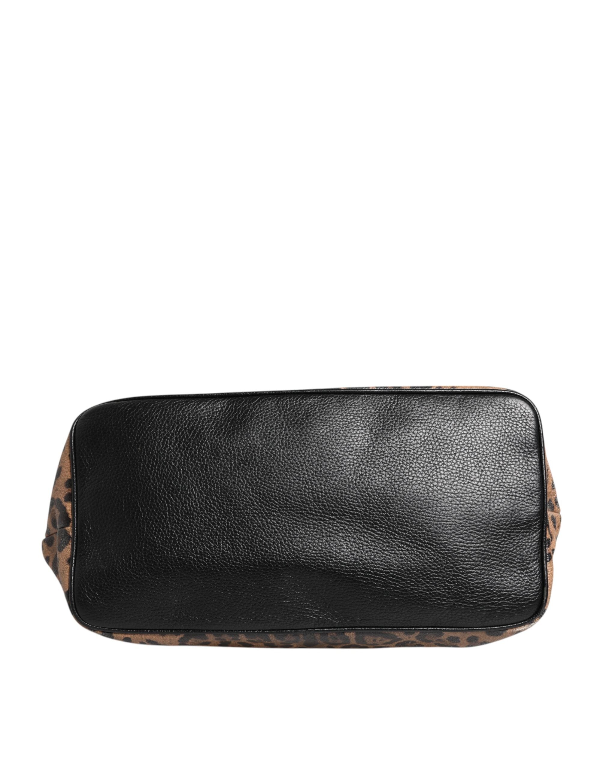 Dolce & Gabbana Brown Leopard BEATRICE Leather Logo Plaque Tote Bag