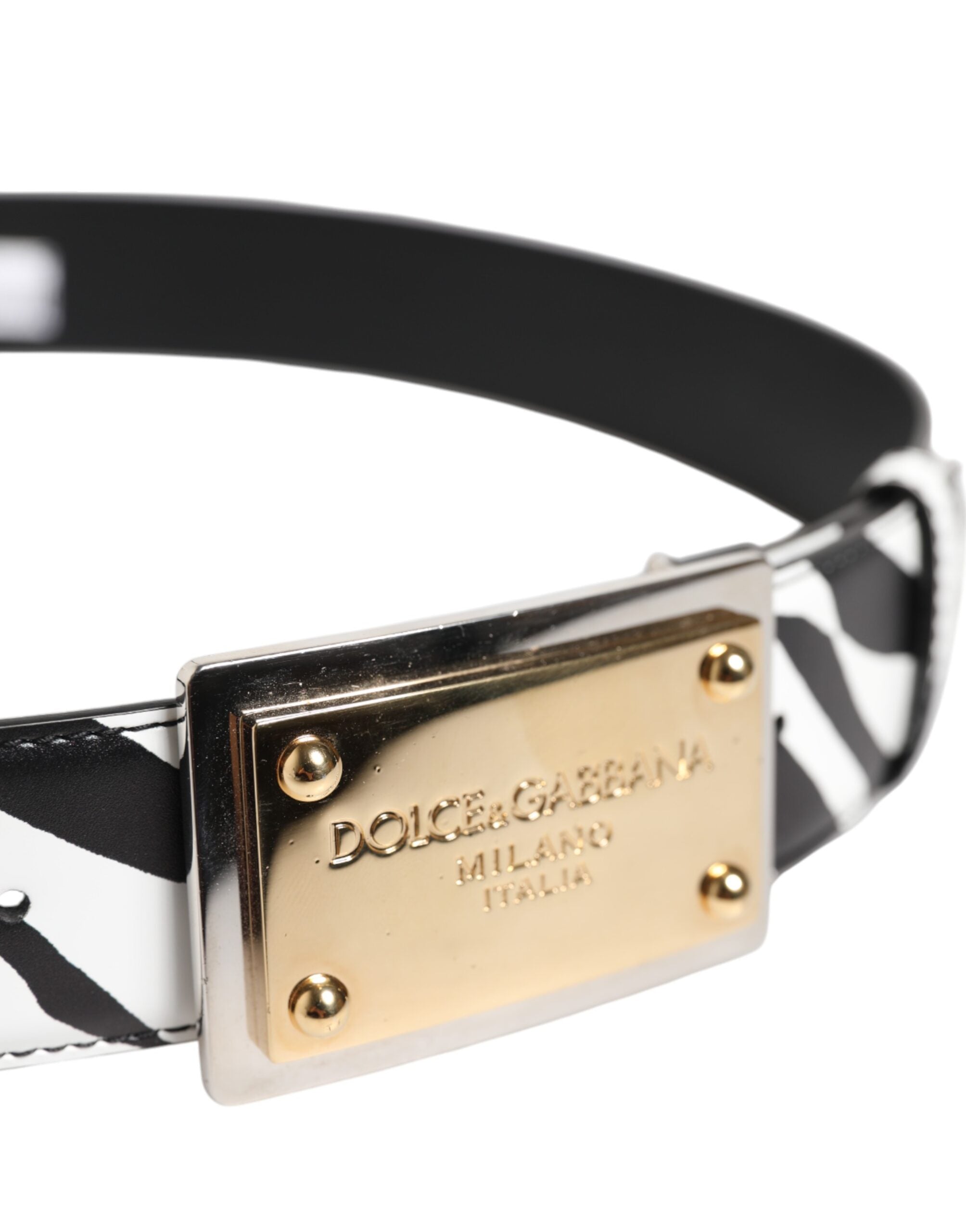 Dolce & Gabbana Black White Zebra Gold Metal Logo Buckle Belt