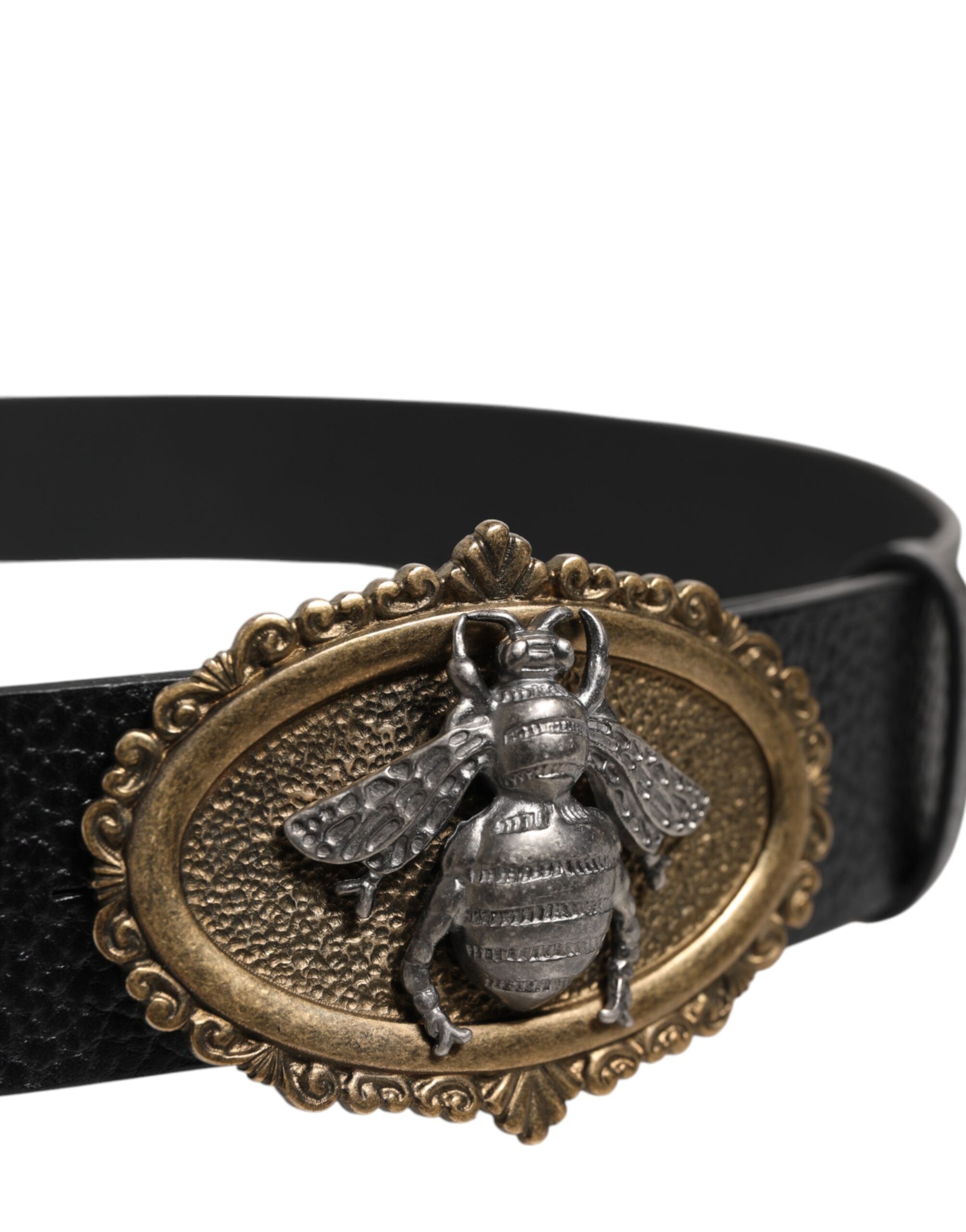 Dolce & Gabbana Black Classic Leather Bee Metal Buckle Belt