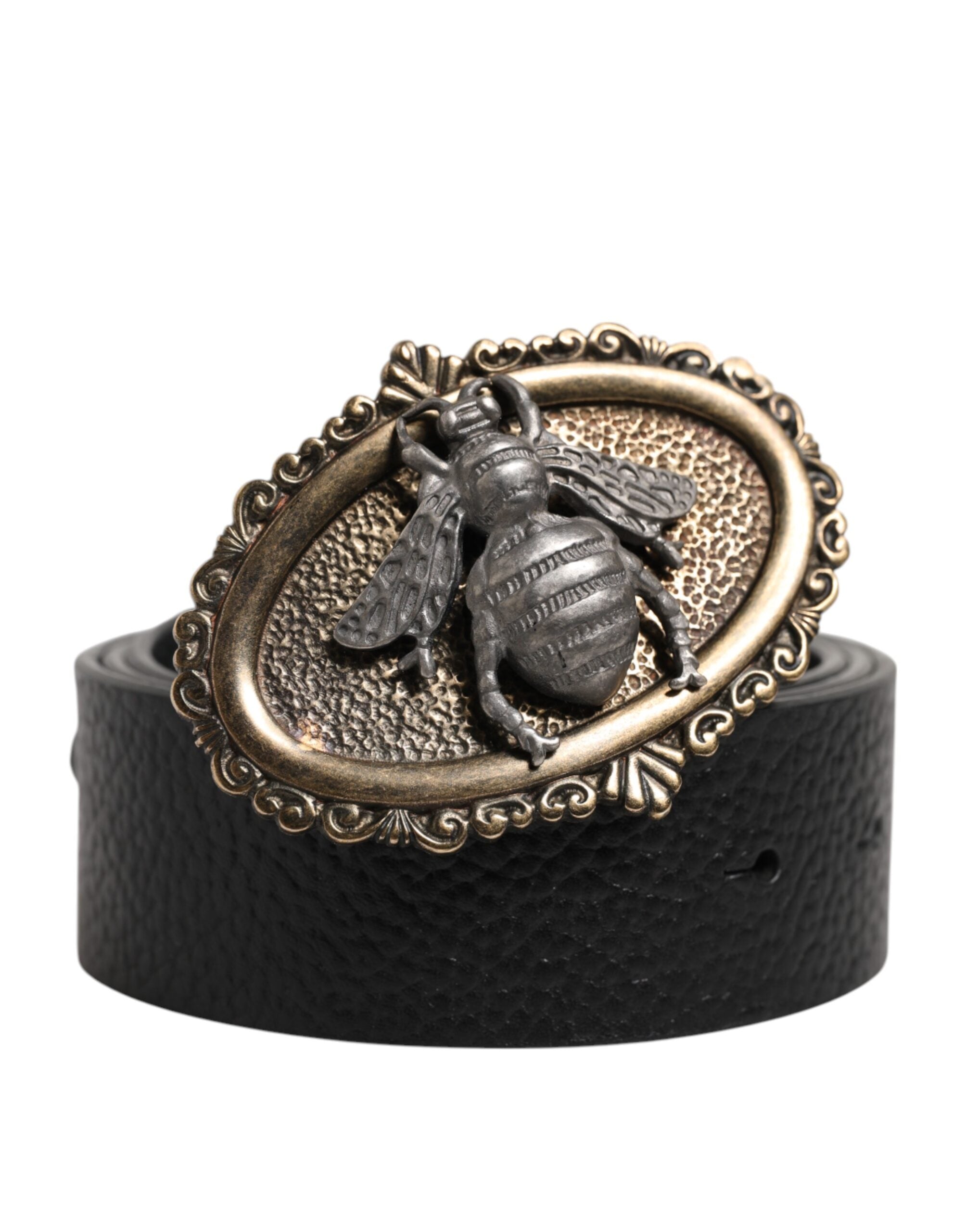 Dolce & Gabbana Black Classic Leather Bee Metal Buckle Belt