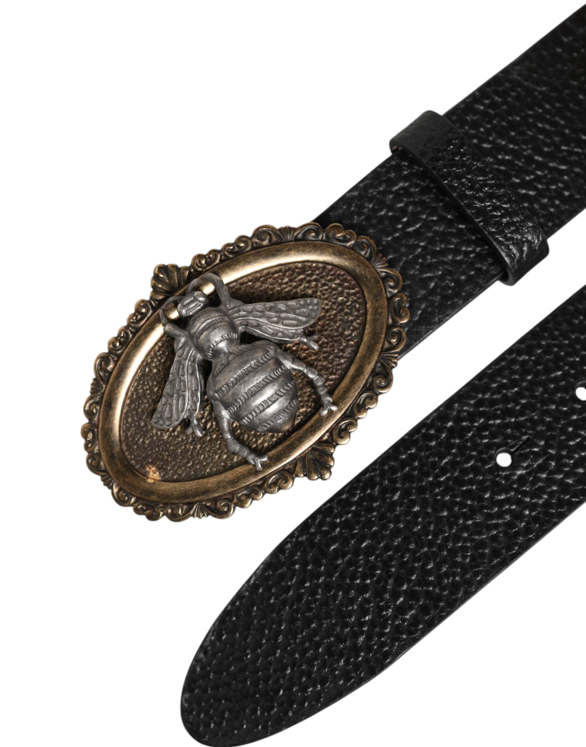 Dolce & Gabbana Black Classic Leather Bee Metal Buckle Belt