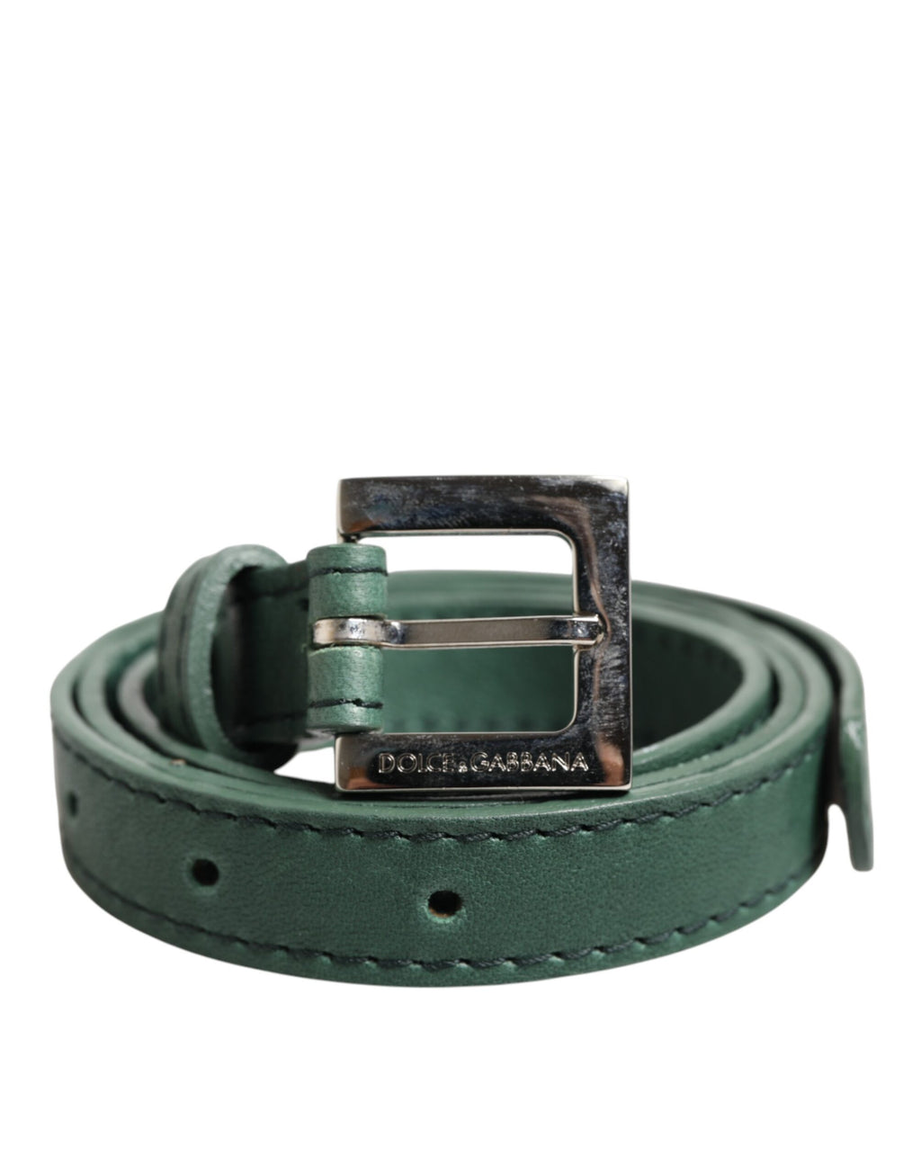 Dolce & Gabbana Dark Green Leather Silver Metal Buckle Belt