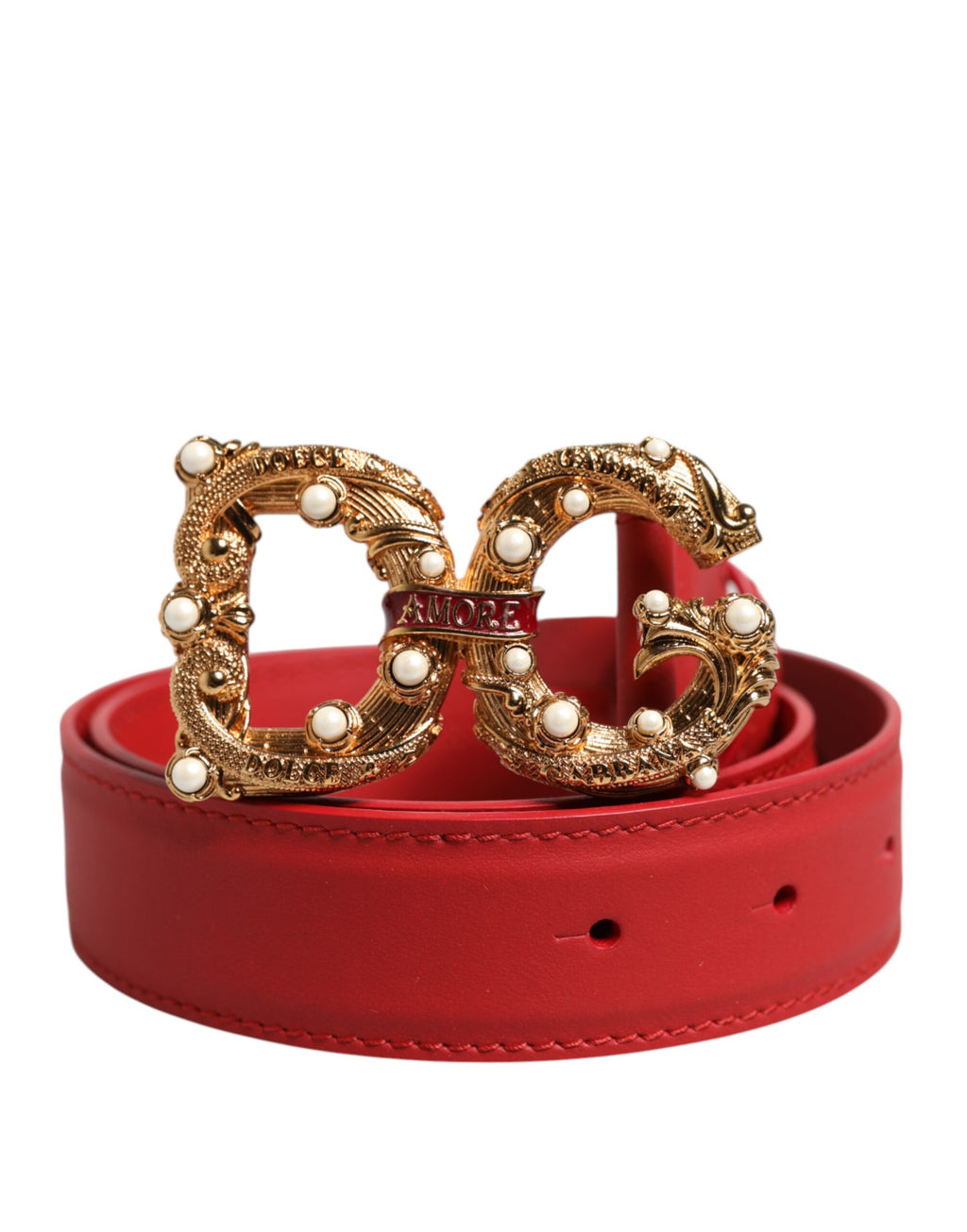 Dolce & Gabbana Red Leather Gold DG Amore Metal Buckle Belt