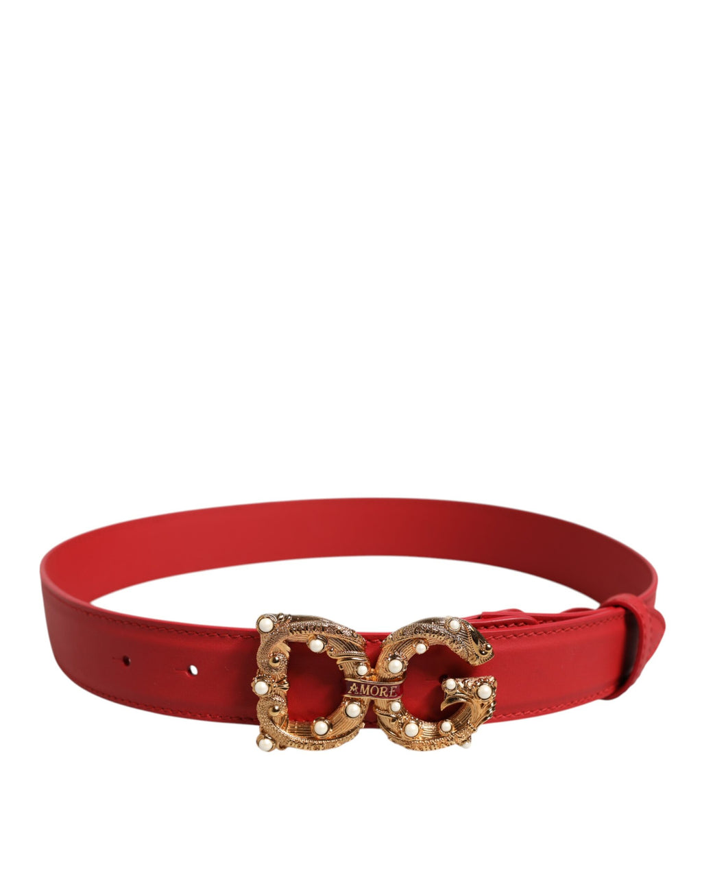 Dolce & Gabbana Red Leather Gold DG Amore Metal Buckle Belt