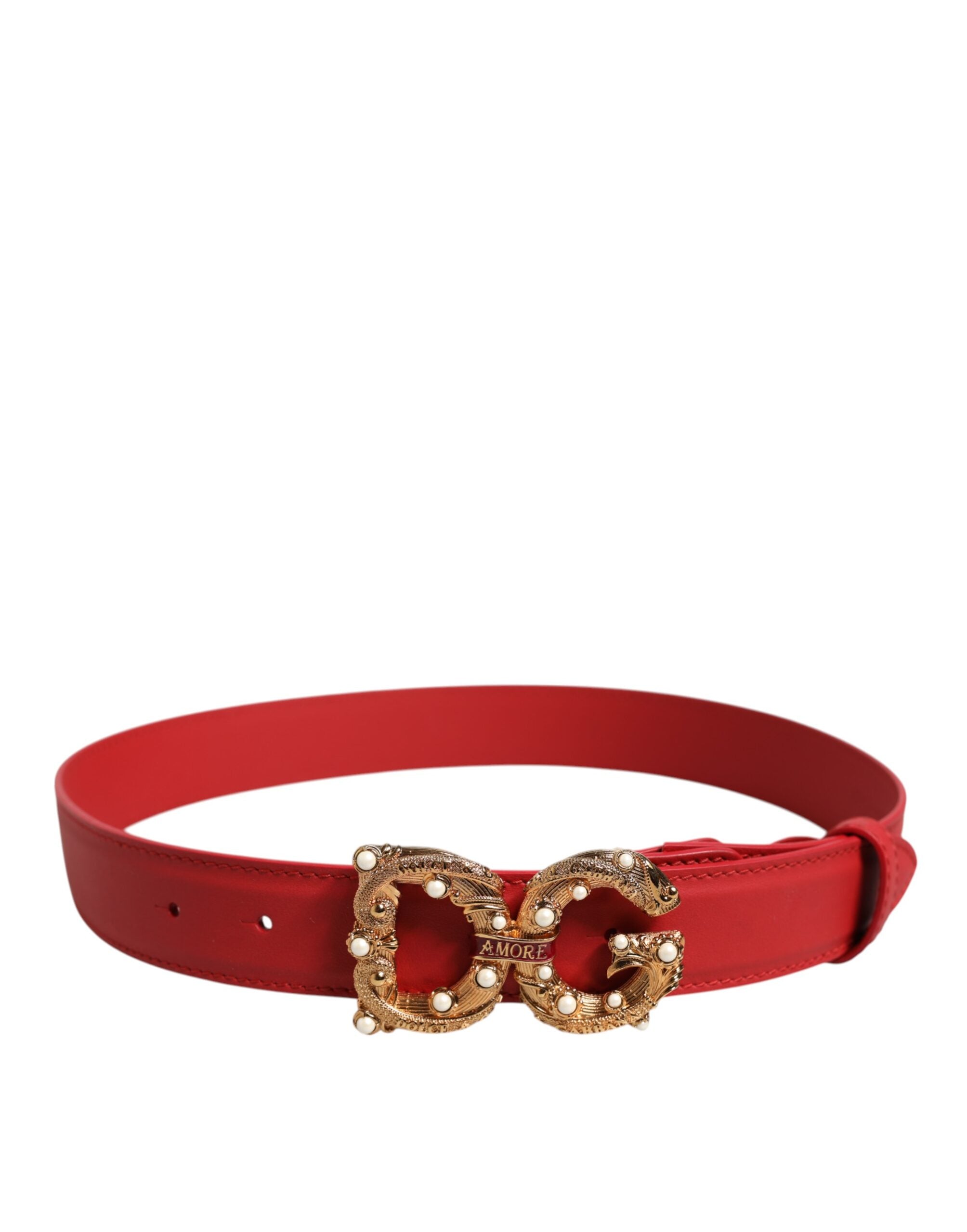 Dolce & Gabbana Red Leather Gold DG Amore Metal Buckle Belt