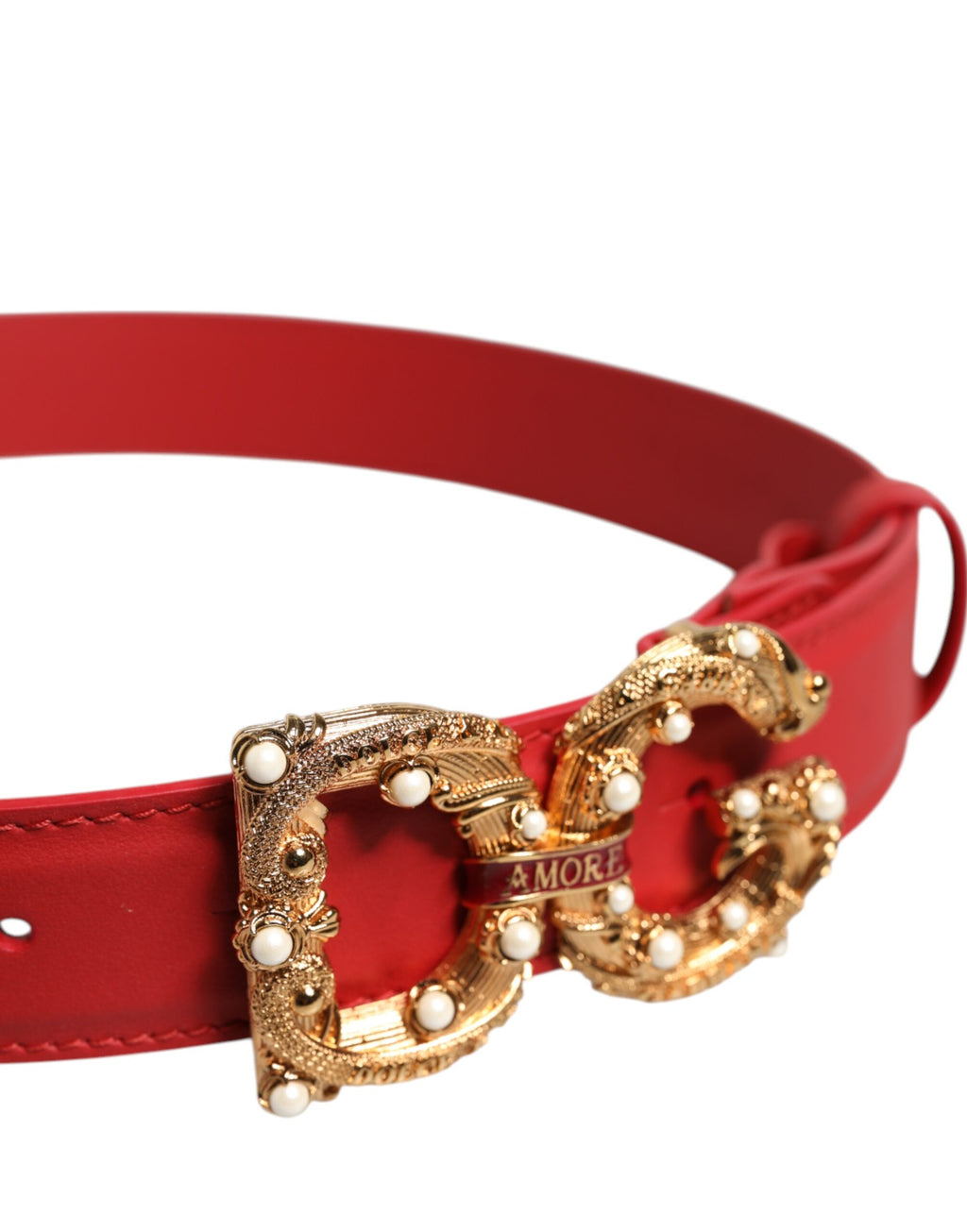 Dolce & Gabbana Red Leather Gold DG Amore Metal Buckle Belt