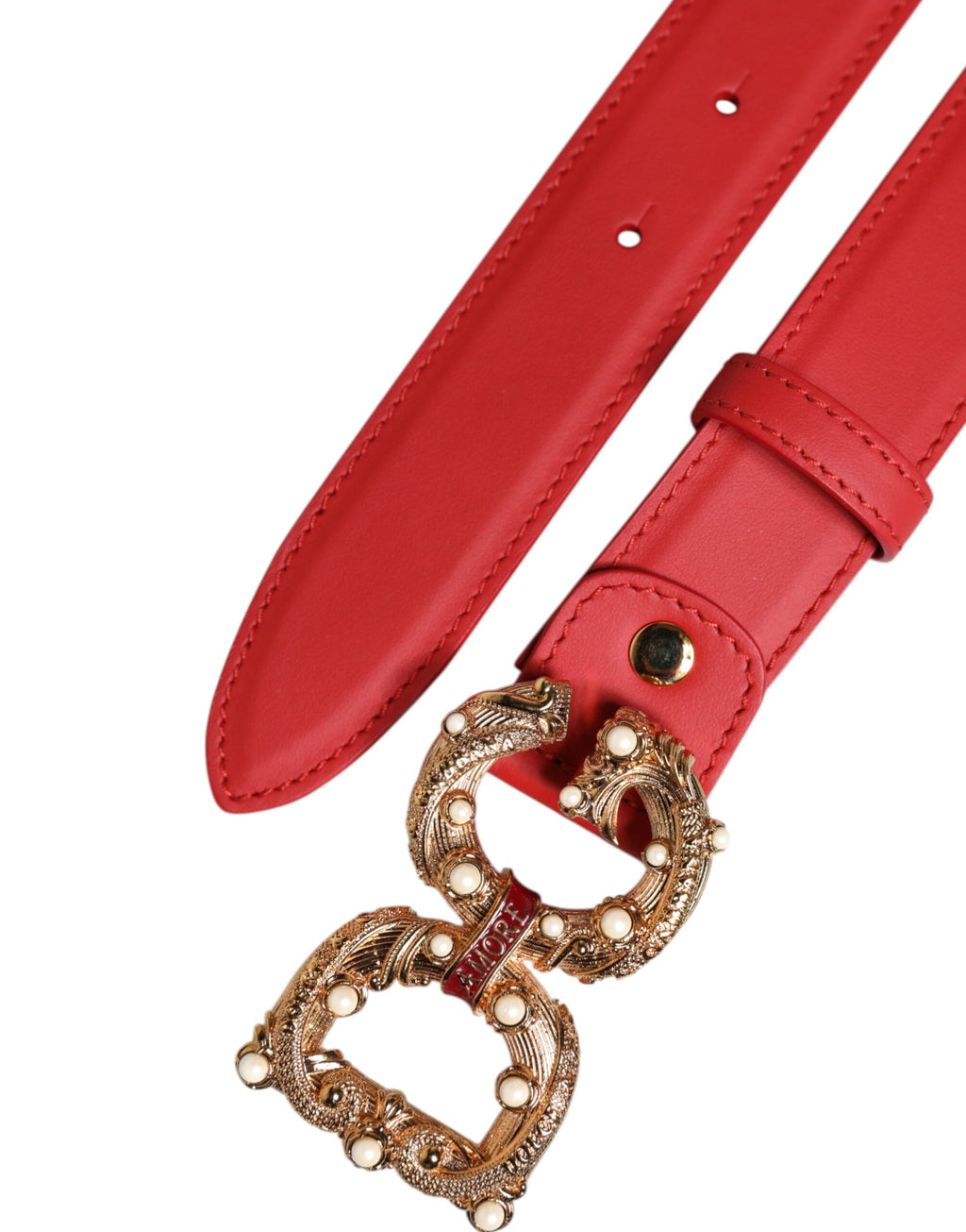 Dolce & Gabbana Red Leather Gold DG Amore Metal Buckle Belt