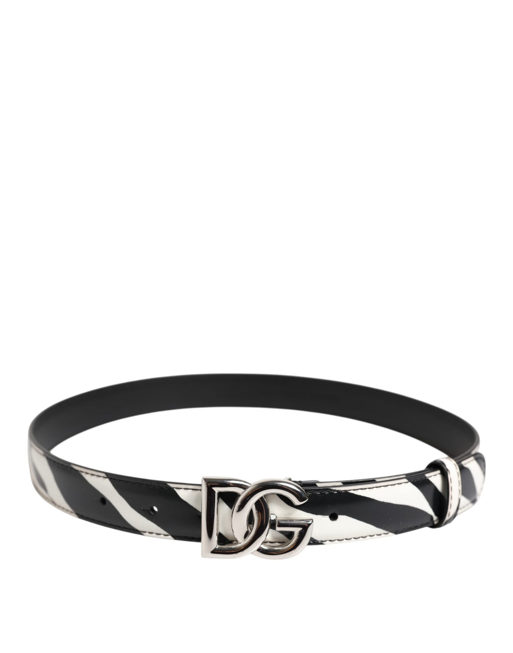 Dolce & Gabbana Black White Leather Silver Metal Buckle Belt