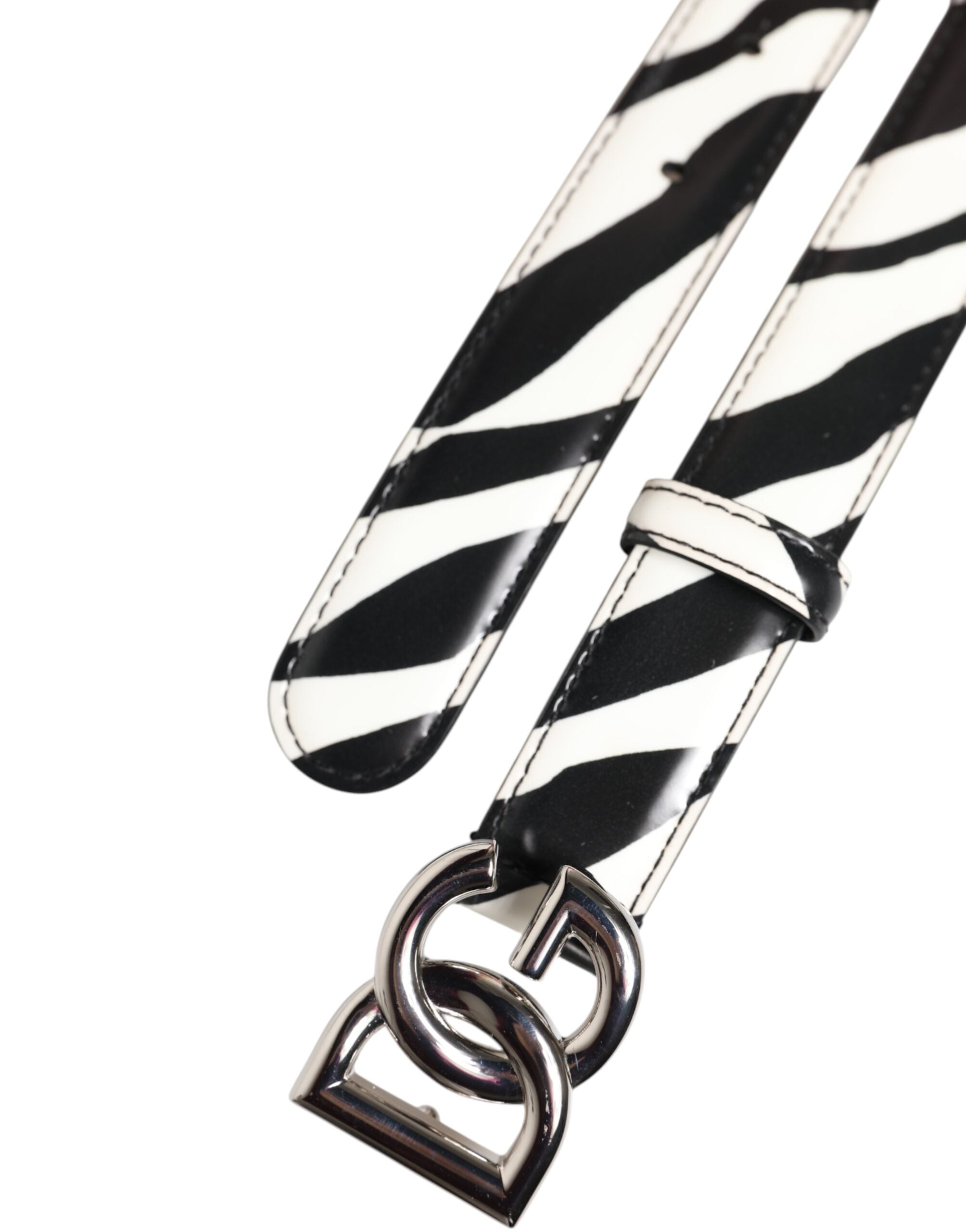 Dolce & Gabbana Black White Leather Silver Metal Buckle Belt