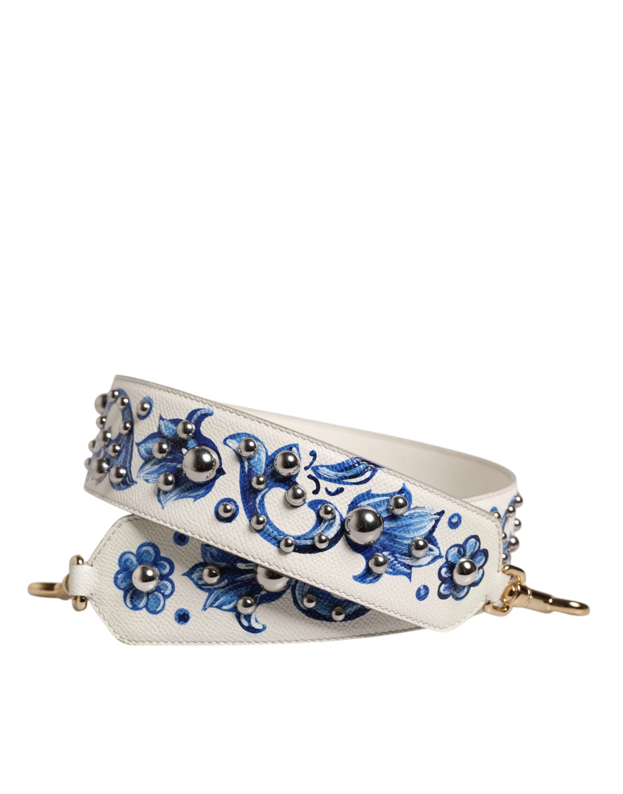 Dolce & Gabbana White Blue Floral Leather Stud Accessory Shoulder Strap