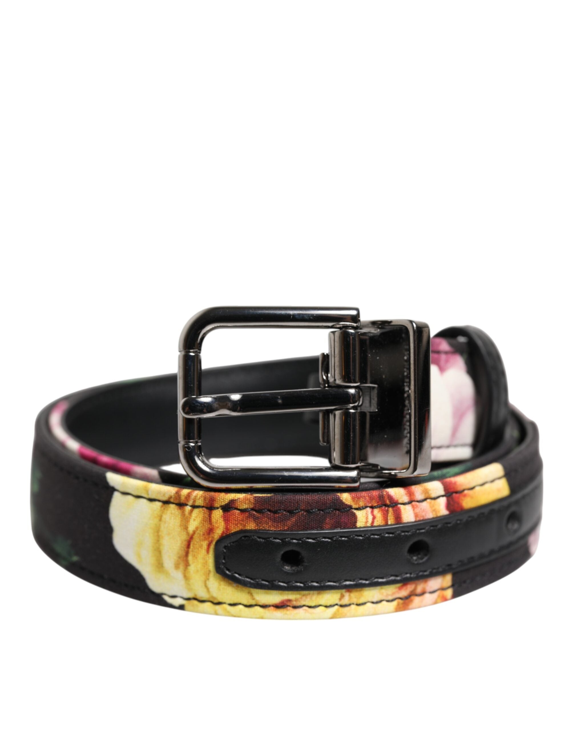 Dolce & Gabbana Black Floral Brocade Silver Metal Buckle Belt