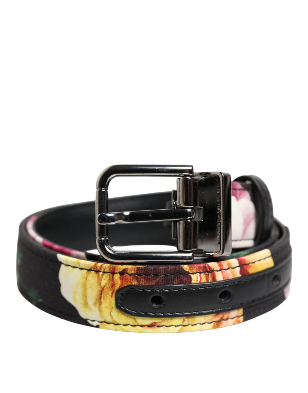 Dolce & Gabbana Black Floral Brocade Silver Metal Buckle Belt