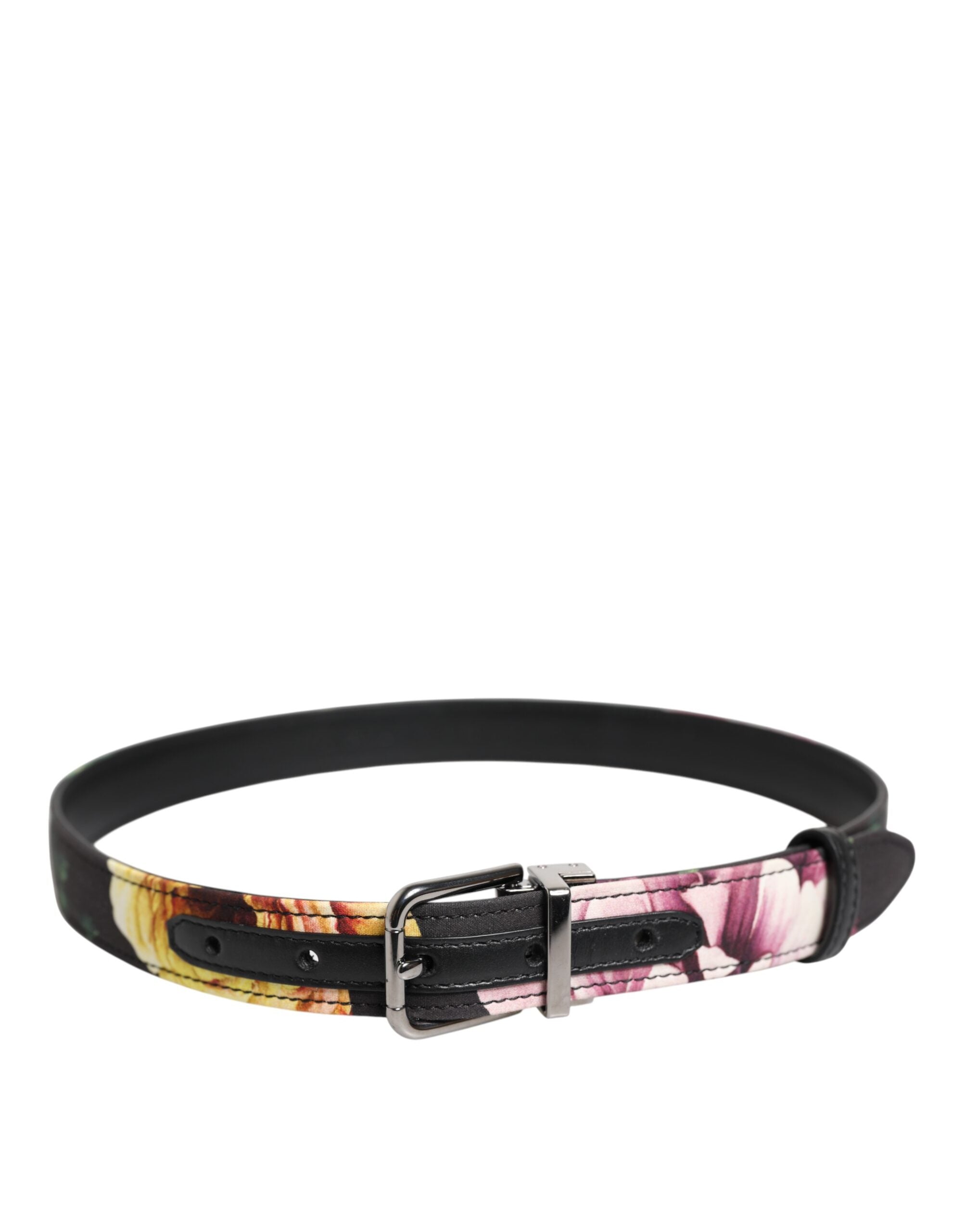 Dolce & Gabbana Black Floral Brocade Silver Metal Buckle Belt