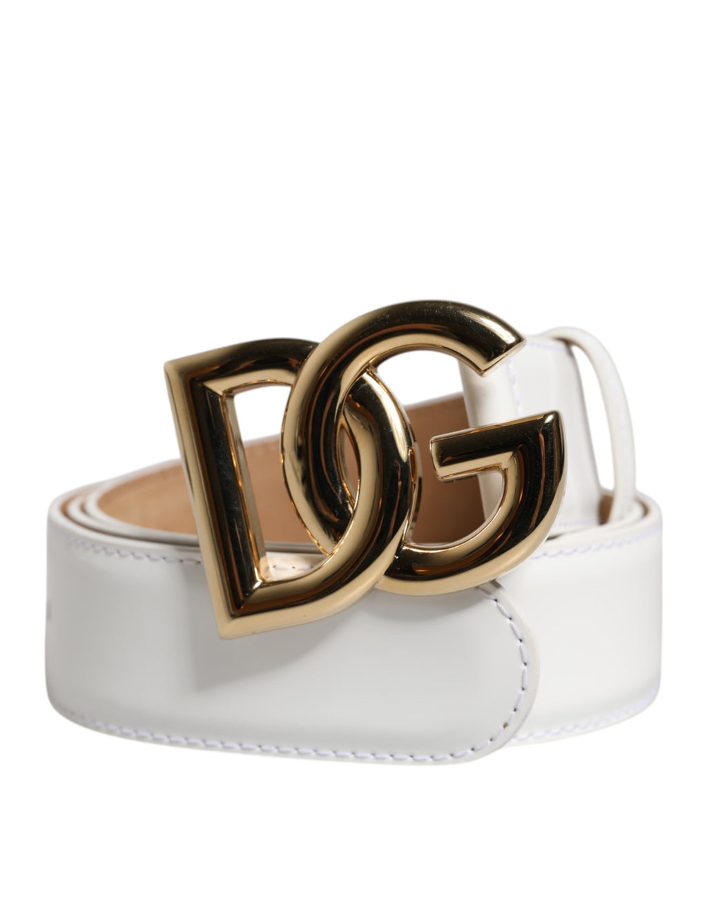 Dolce & Gabbana White Calfskin Leather Gold DG Buckle Belt