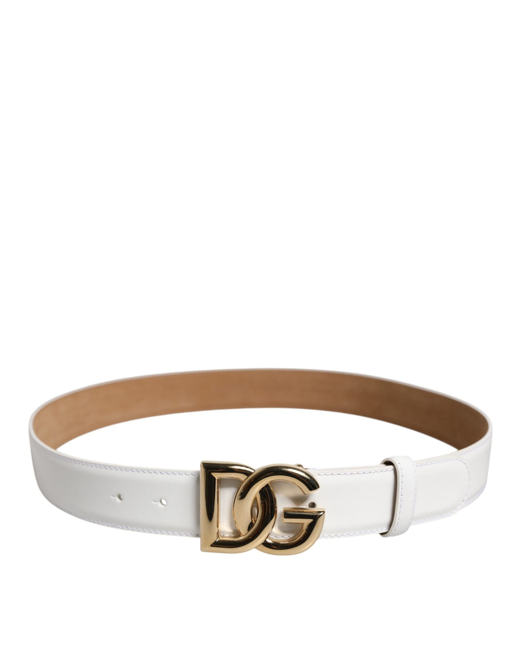 Dolce & Gabbana White Calfskin Leather Gold DG Buckle Belt