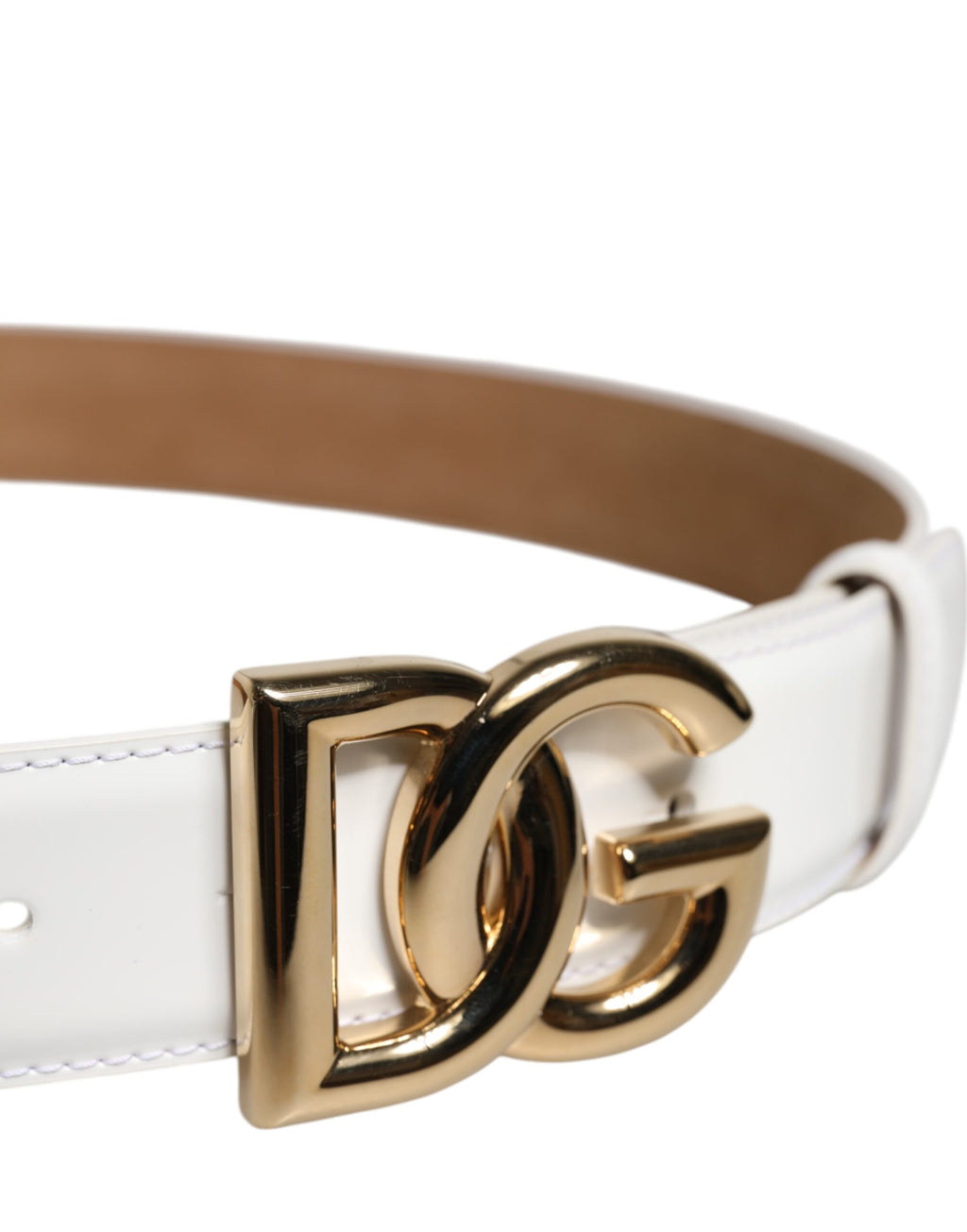 Dolce & Gabbana White Calfskin Leather Gold DG Buckle Belt