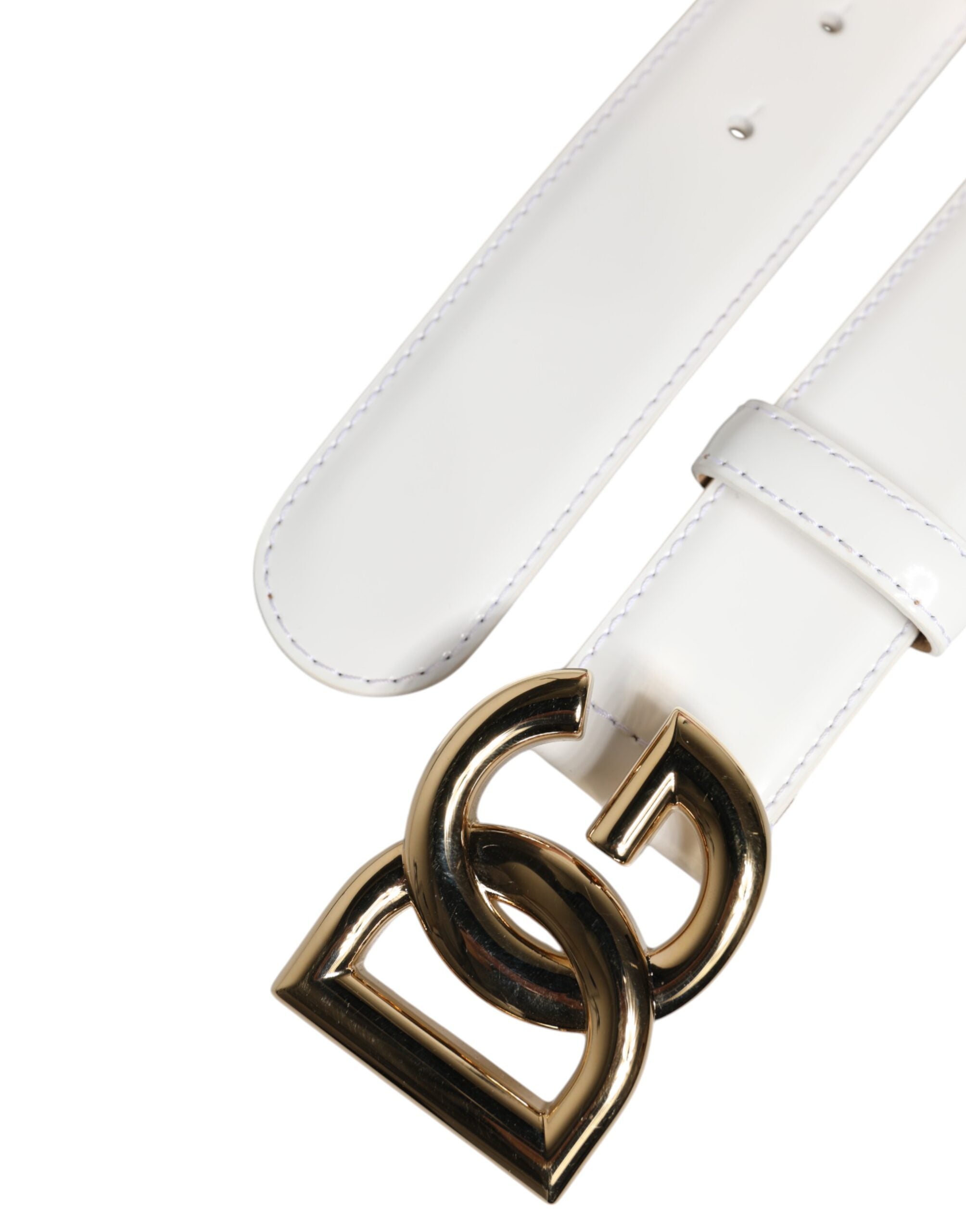 Dolce & Gabbana White Calfskin Leather Gold DG Buckle Belt
