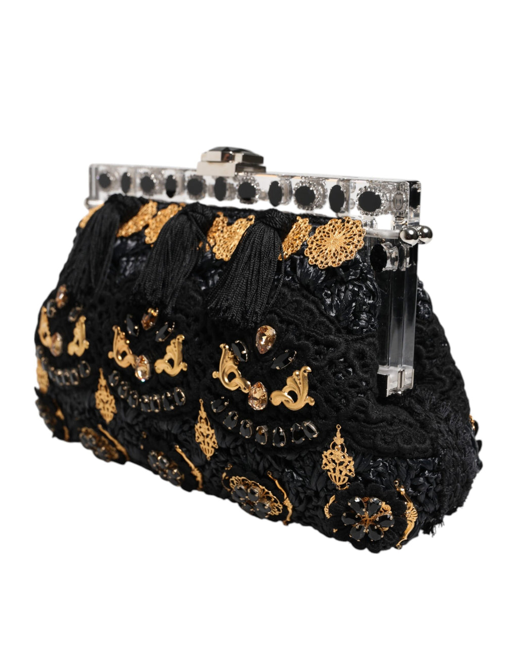 Dolce & Gabbana Black Tassel Gold Baroque Crystal Evening Clutch Bag