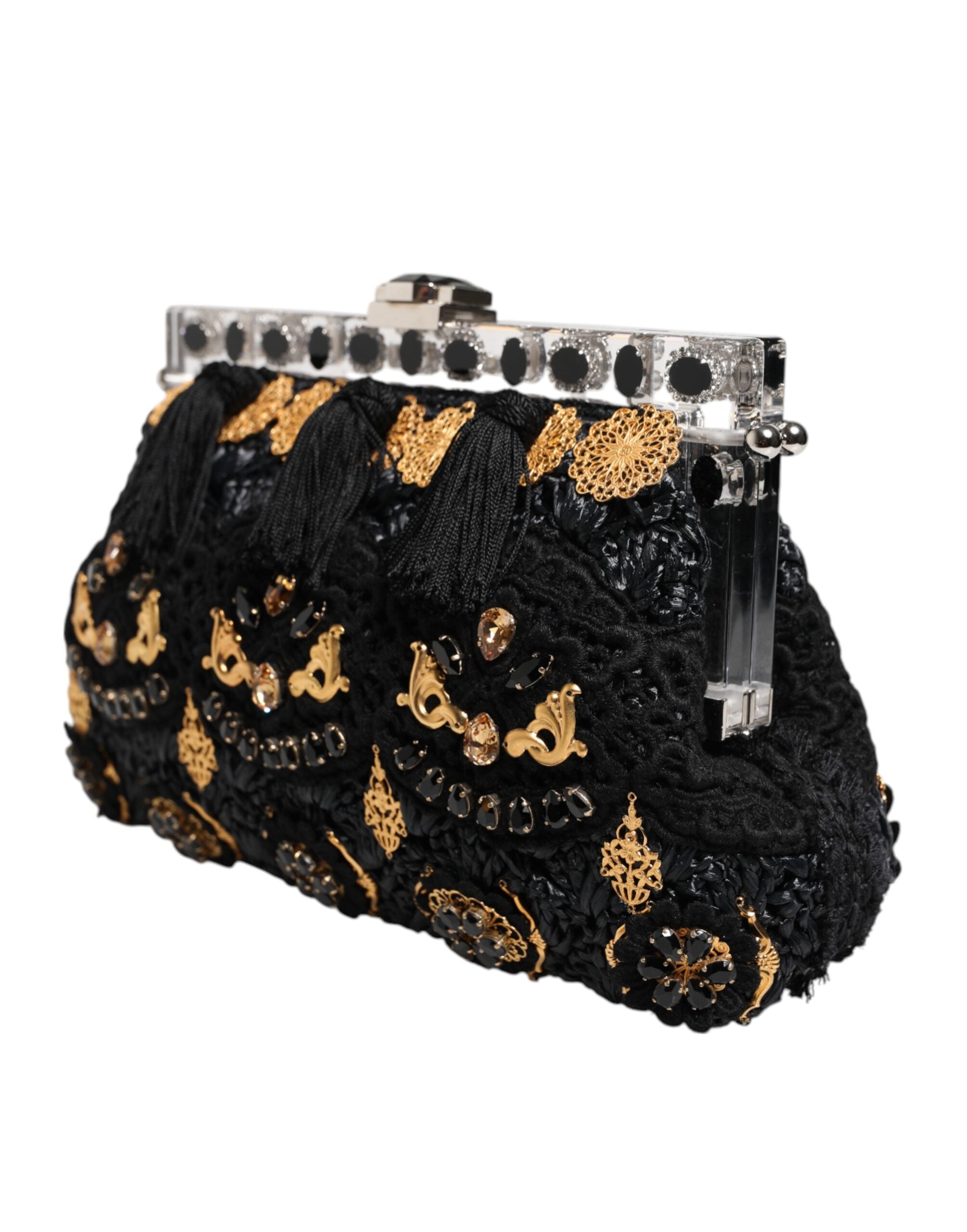 Dolce & Gabbana Black Tassel Gold Baroque Crystal Evening Clutch Bag