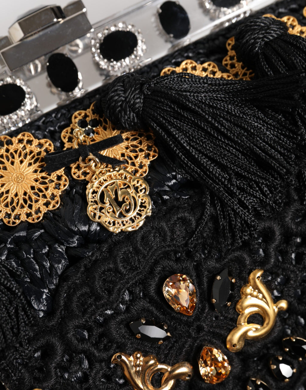 Dolce & Gabbana Black Tassel Gold Baroque Crystal Evening Clutch Bag