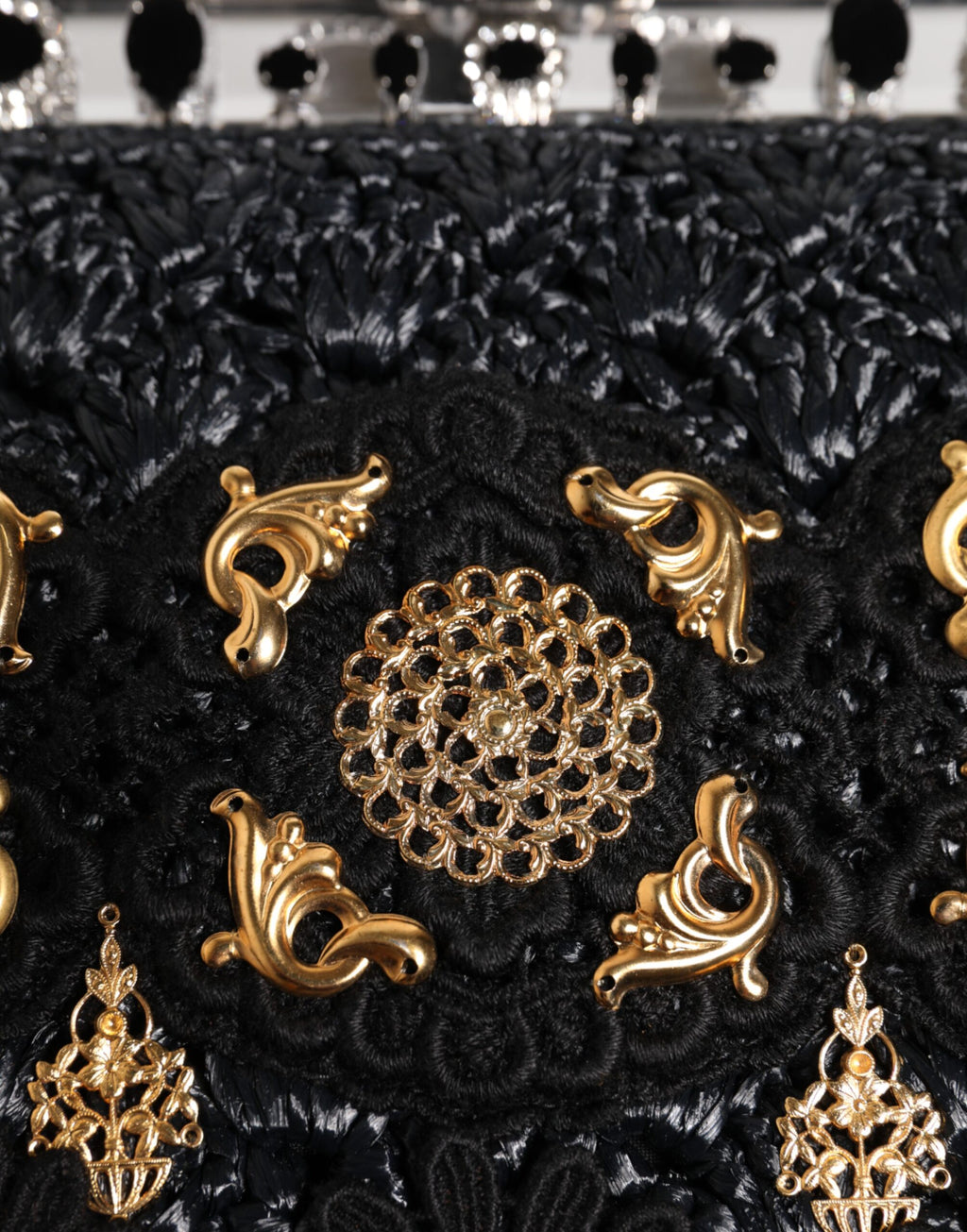 Dolce & Gabbana Black Tassel Gold Baroque Crystal Evening Clutch Bag