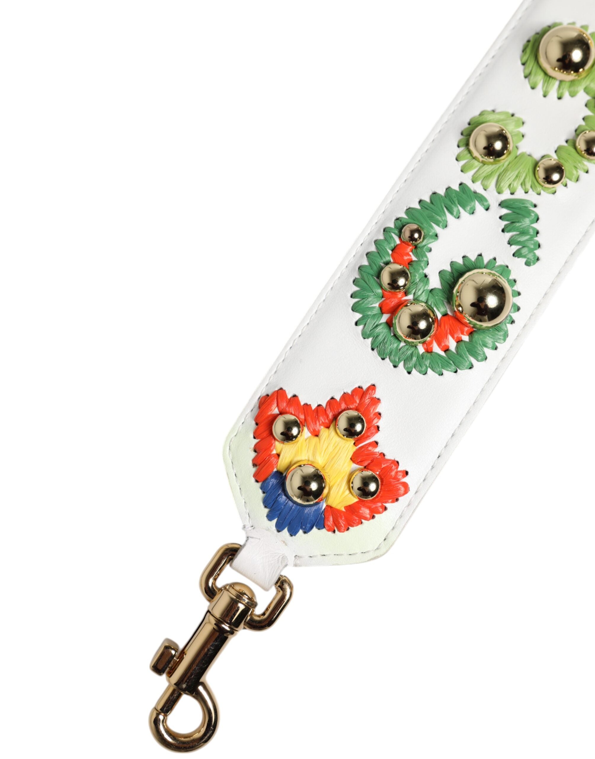 Dolce & Gabbana White Calfskin Raffia Embroidered Patchwork Shoulder Strap