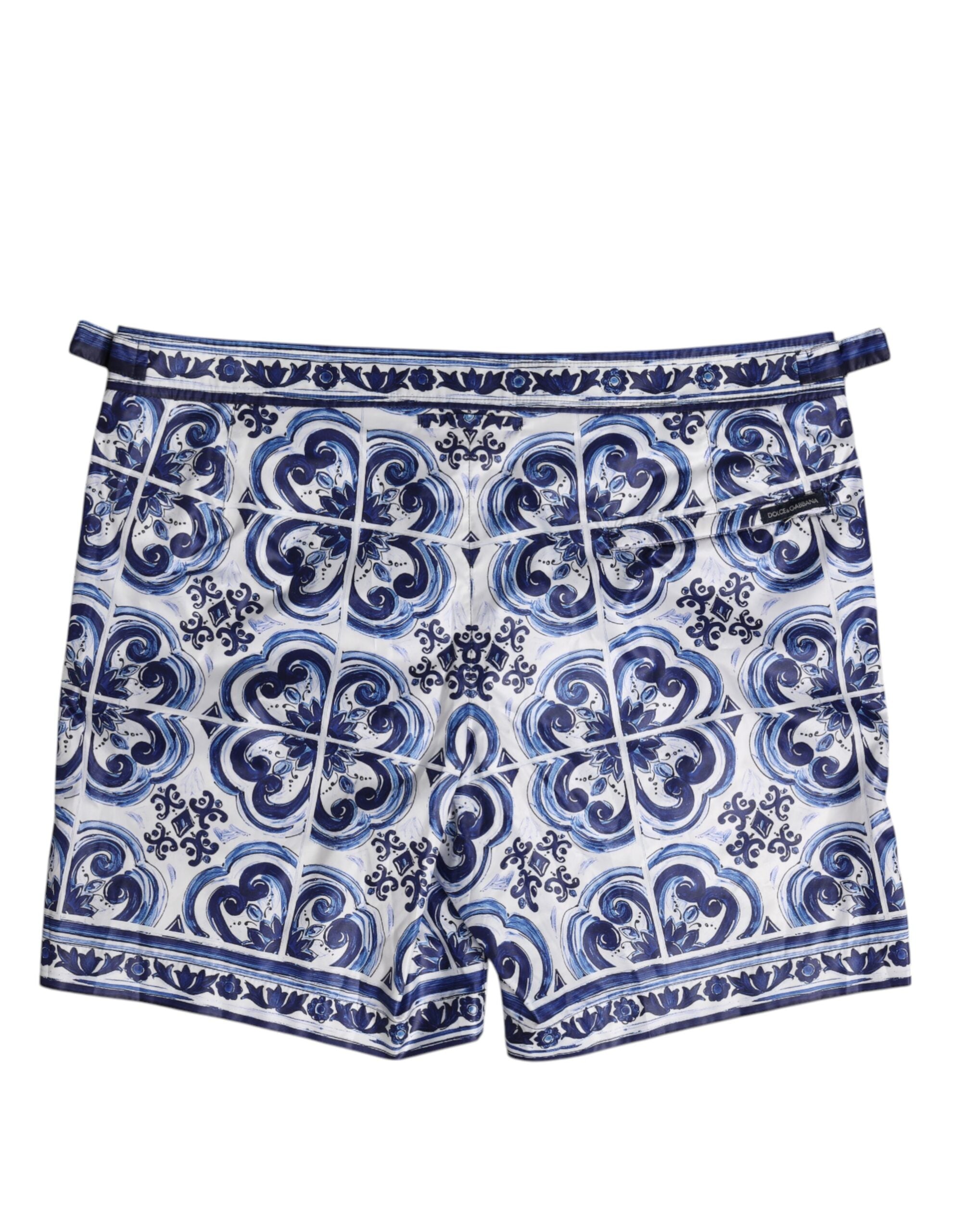 Dolce & Gabbana Blue White Majolica Print Swim Shorts Swimwear