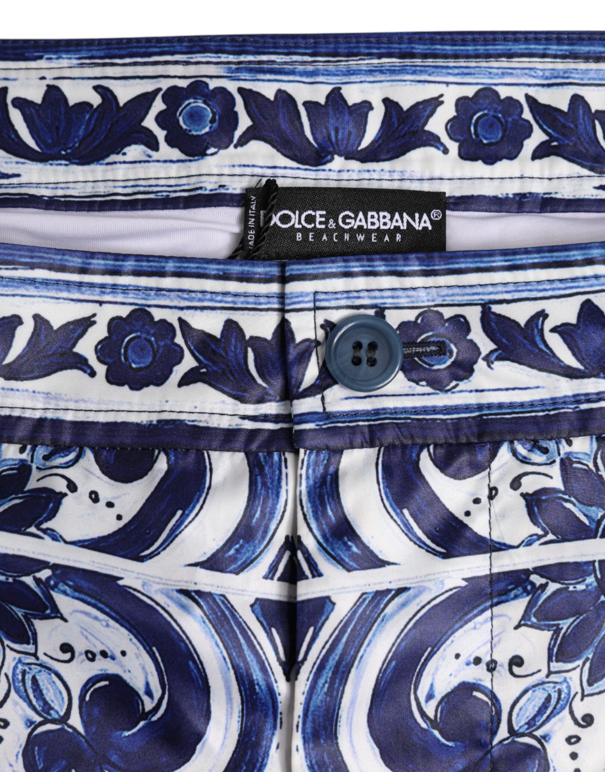 Dolce & Gabbana Blue White Majolica Print Swim Shorts Swimwear