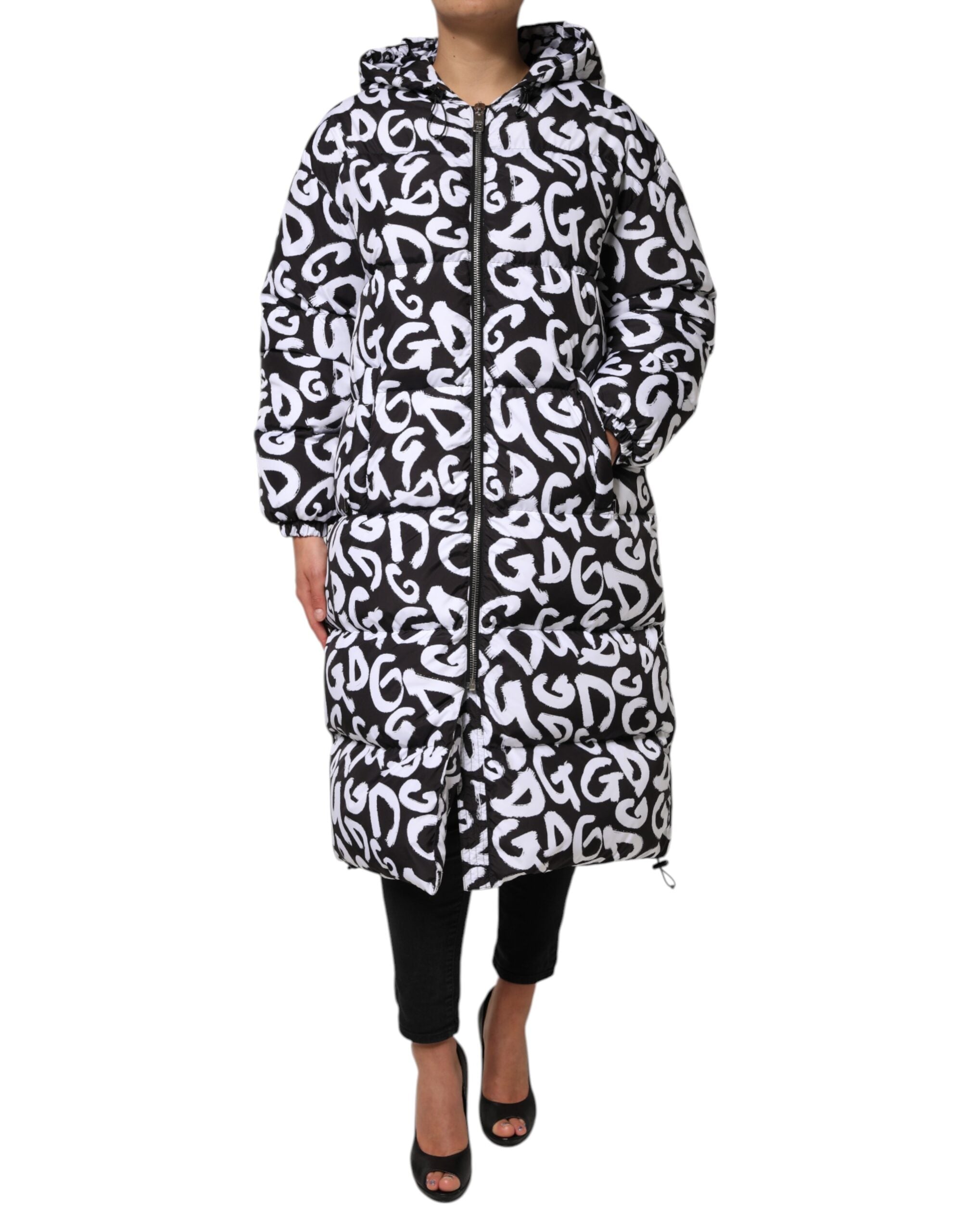 Dolce & Gabbana Black White DG Mania Hooded Long Coat Jacket