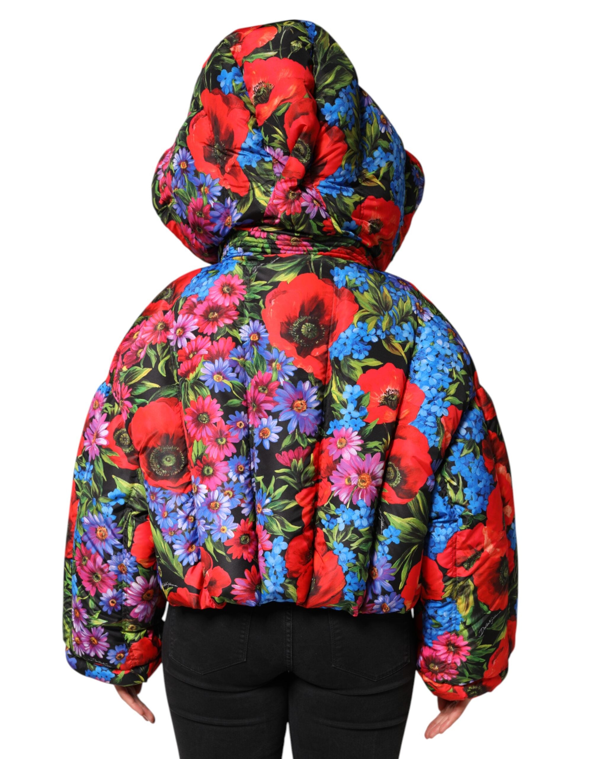 Dolce & Gabbana Multicolor Floral Hooded Puffer Coat Jacket