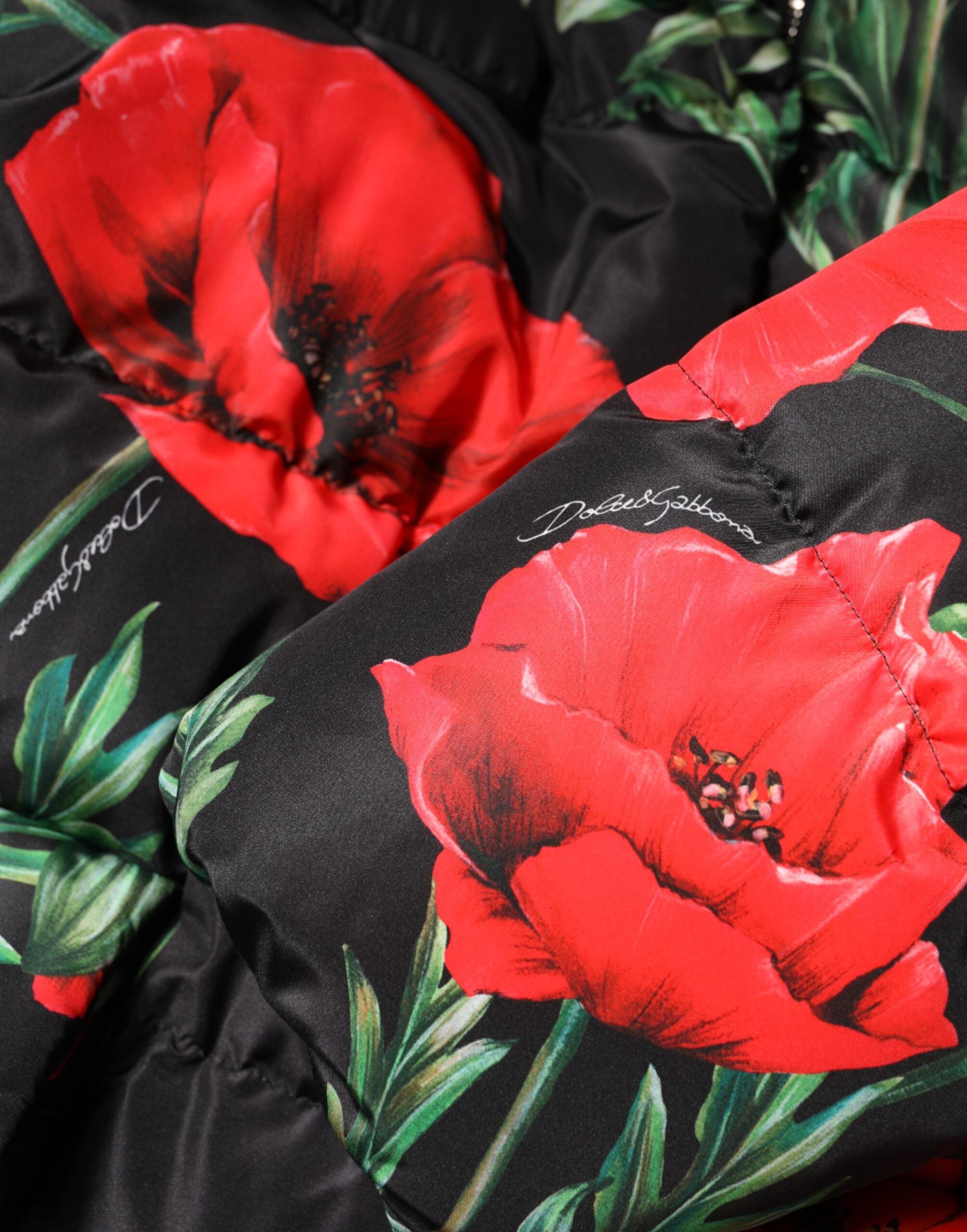 Dolce & Gabbana Black Floral Polyester Hooded Quilted Jacket