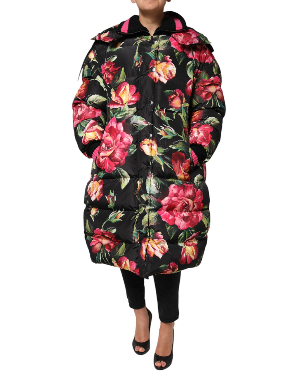 Dolce & Gabbana Black Floral Print Puffer Long Coat Jacket