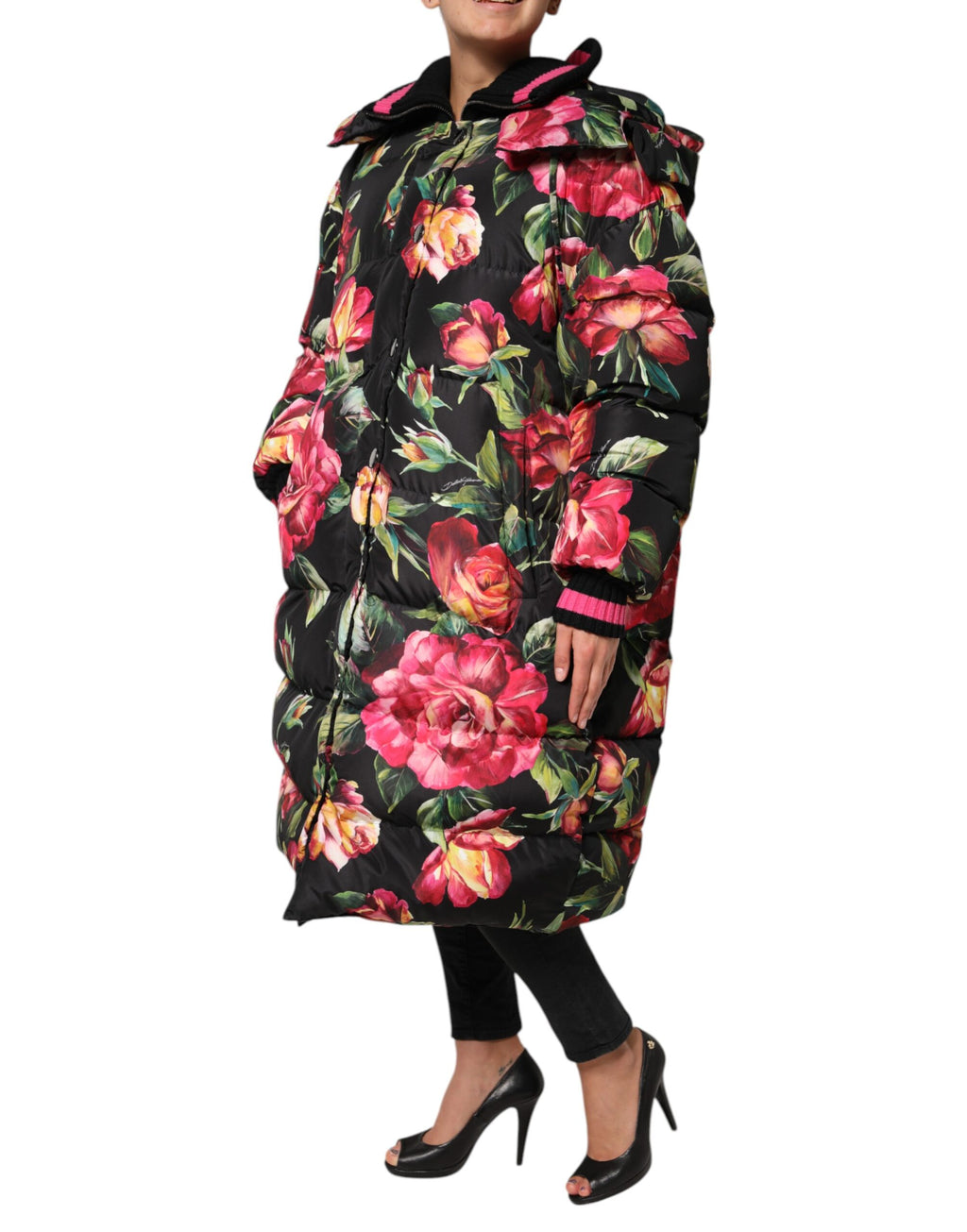 Dolce & Gabbana Black Floral Print Puffer Long Coat Jacket