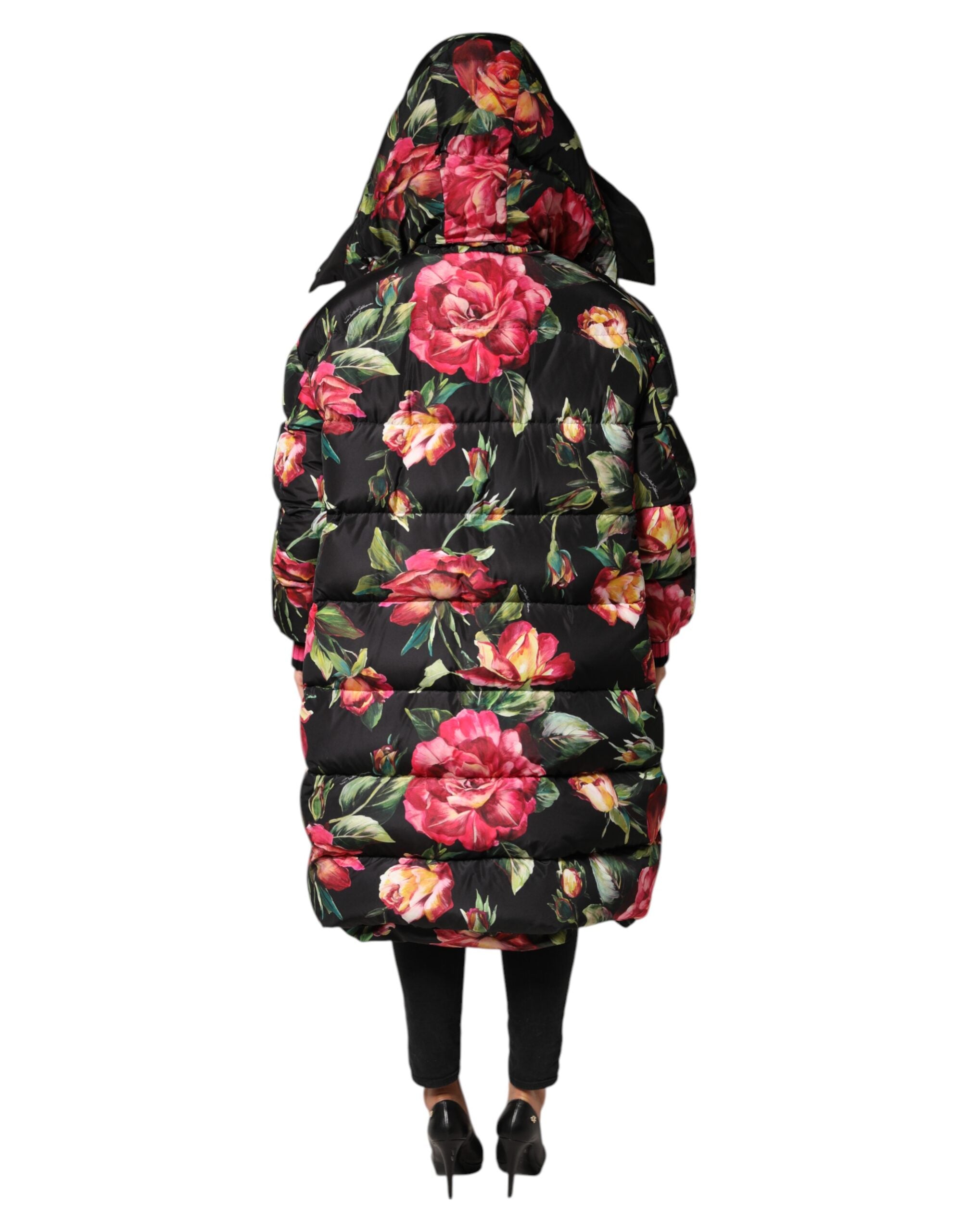 Dolce & Gabbana Black Floral Print Puffer Long Coat Jacket
