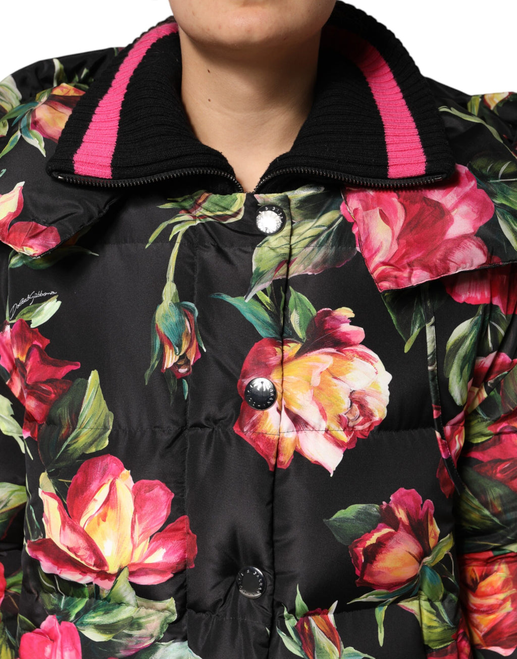 Dolce & Gabbana Black Floral Print Puffer Long Coat Jacket
