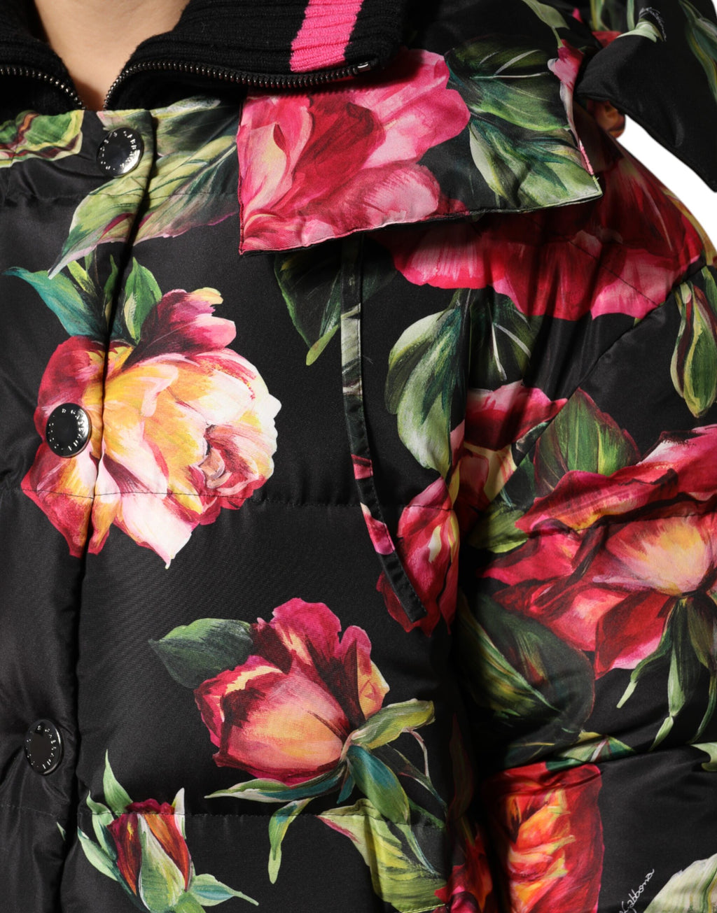 Dolce & Gabbana Black Floral Print Puffer Long Coat Jacket