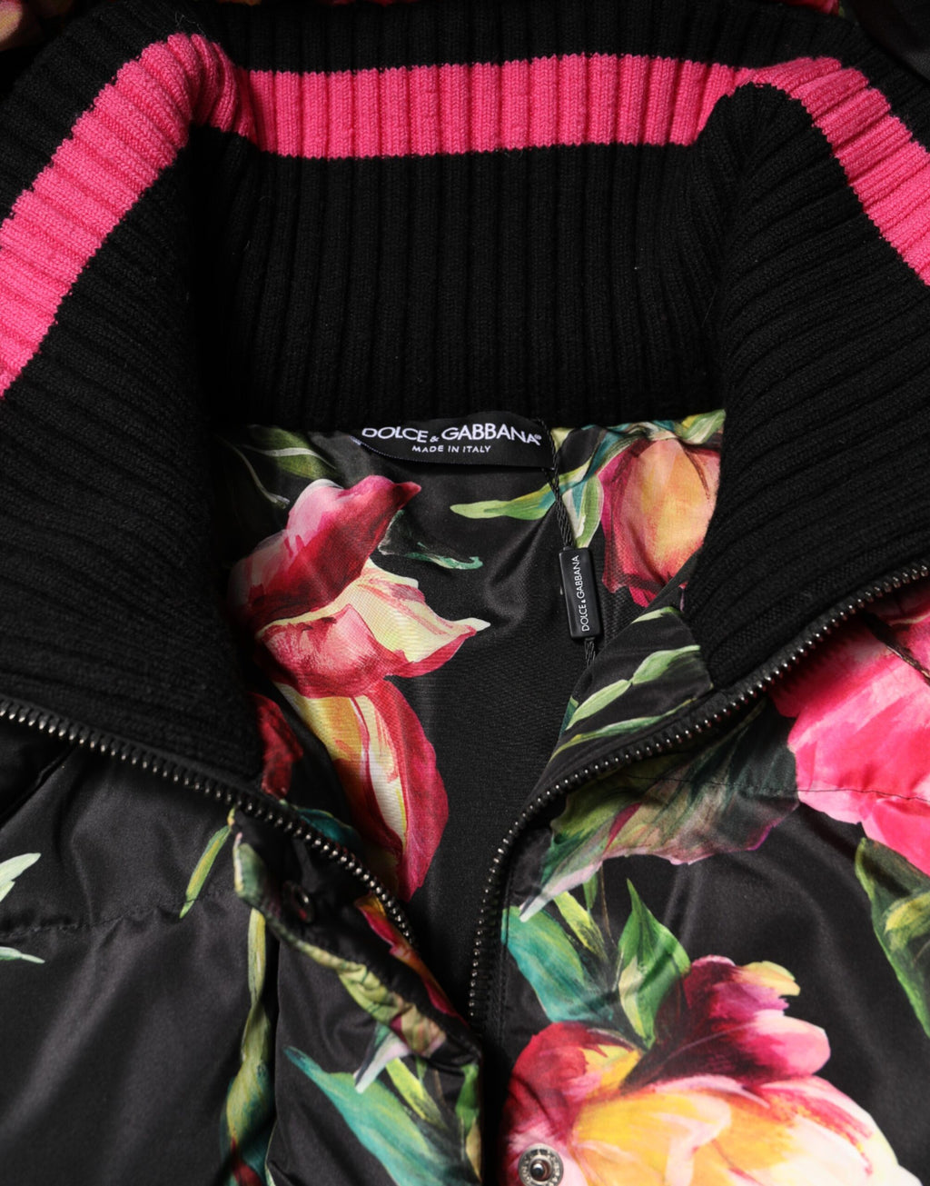 Dolce & Gabbana Black Floral Print Puffer Long Coat Jacket