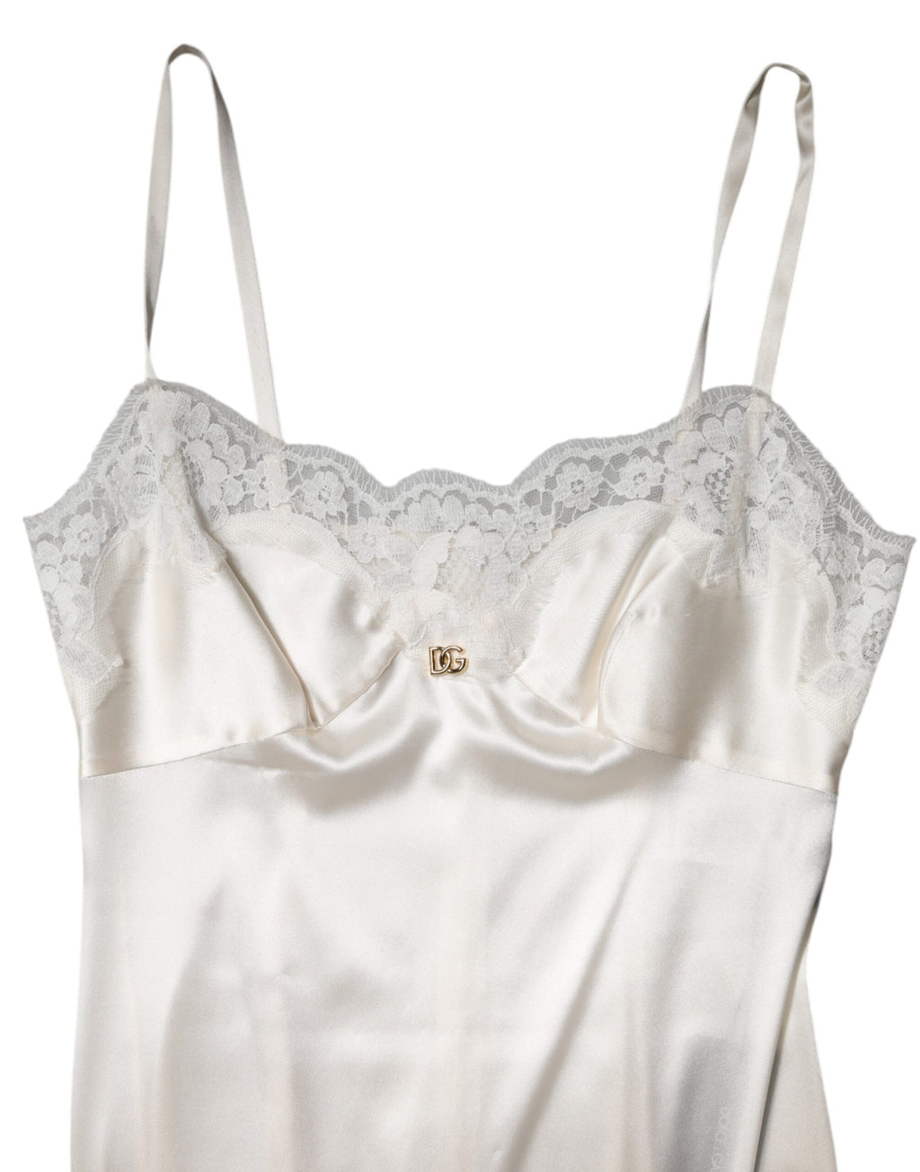 Dolce & Gabbana White Lace Gold DG Logo Silk Dress Sleepwear