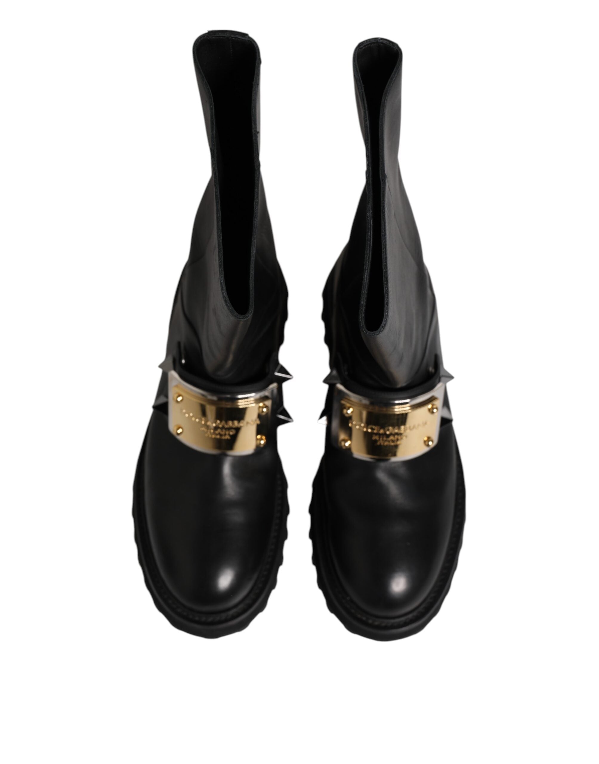 Dolce & Gabbana Black Leather DG Logo Plaque High Boots Shoes