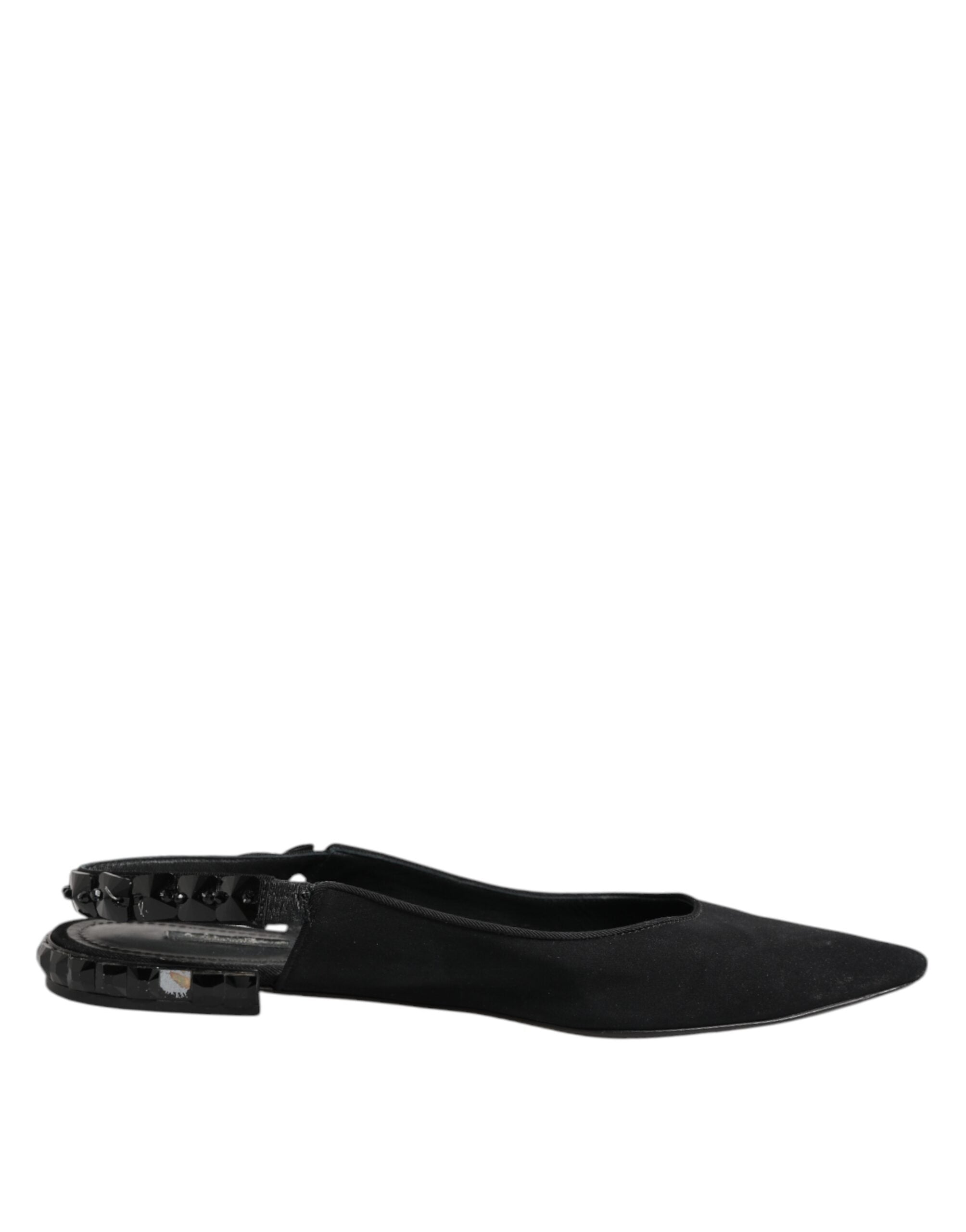 Dolce & Gabbana Black Crystal Charmeuse Slingback Shoes