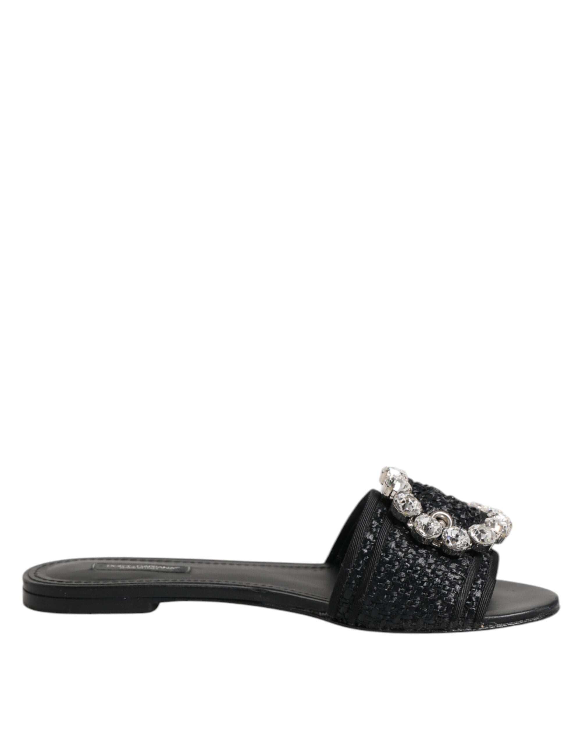 Dolce & Gabbana Black Slides Crystals Flats Sandals Shoes