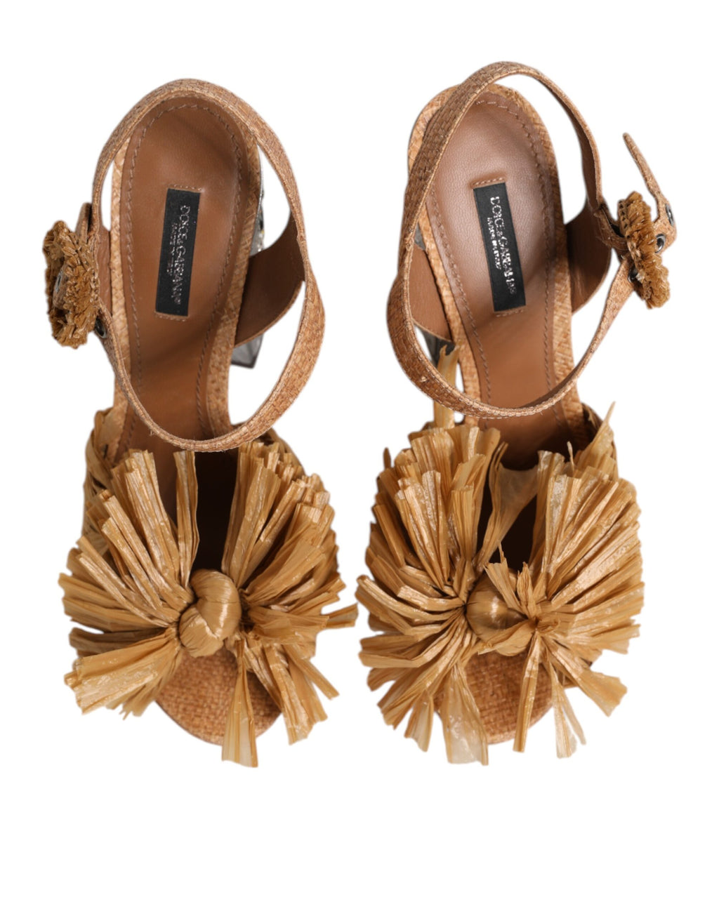 Dolce & Gabbana Brown Raffia Ankle Strap Crystal Sandals Shoes
