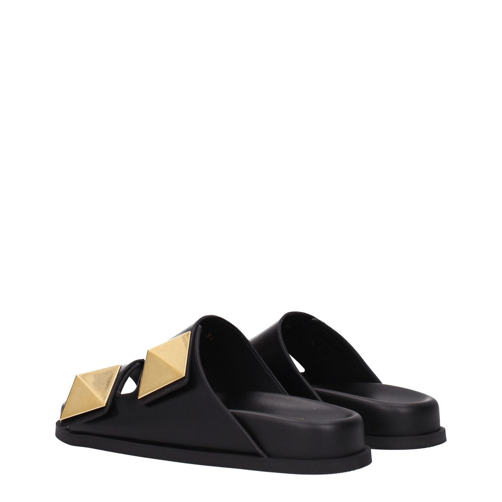 Valentino Garavani Black Leather Slippers Sandals