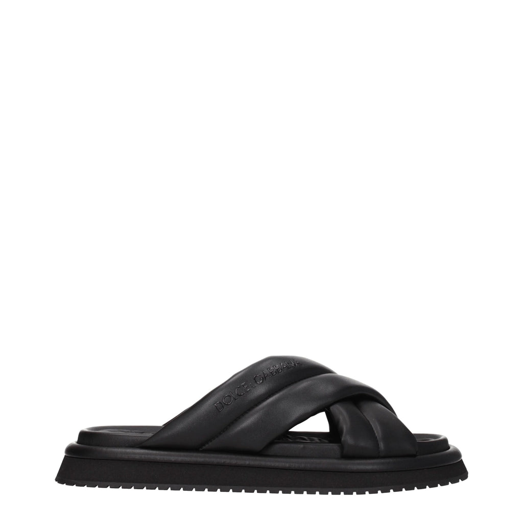Dolce & Gabbana Black Leather Slippers Sandals
