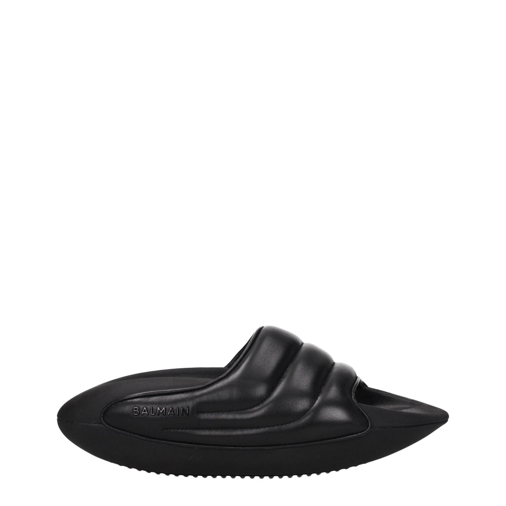 Balmain Black Leather Slippers Sandals