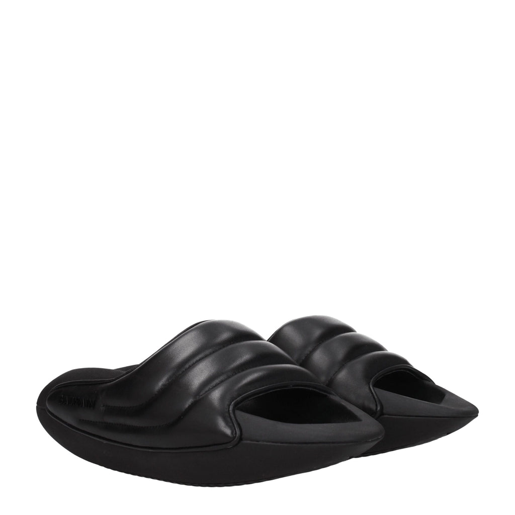 Balmain Black Leather Slippers Sandals