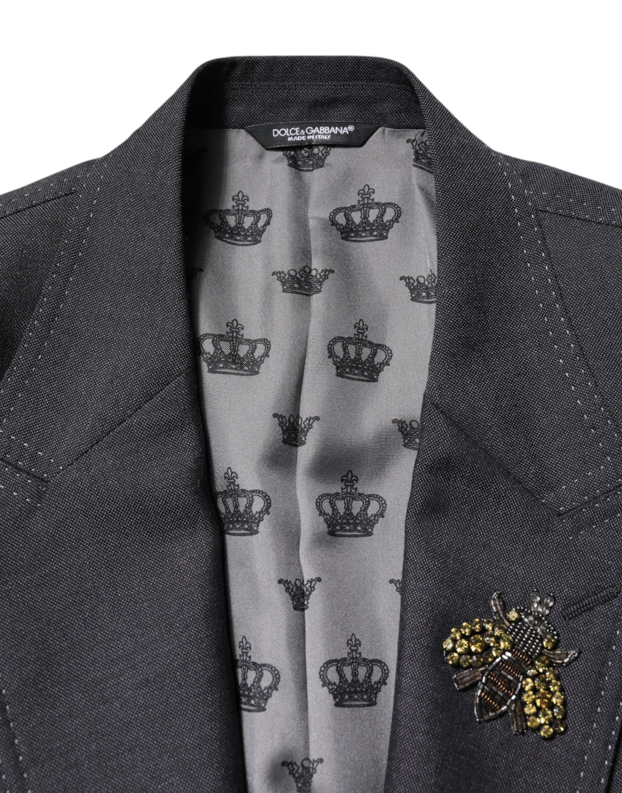 Dolce & Gabbana Dark Gray Bee Embroidery SICILIA Coat Blazer