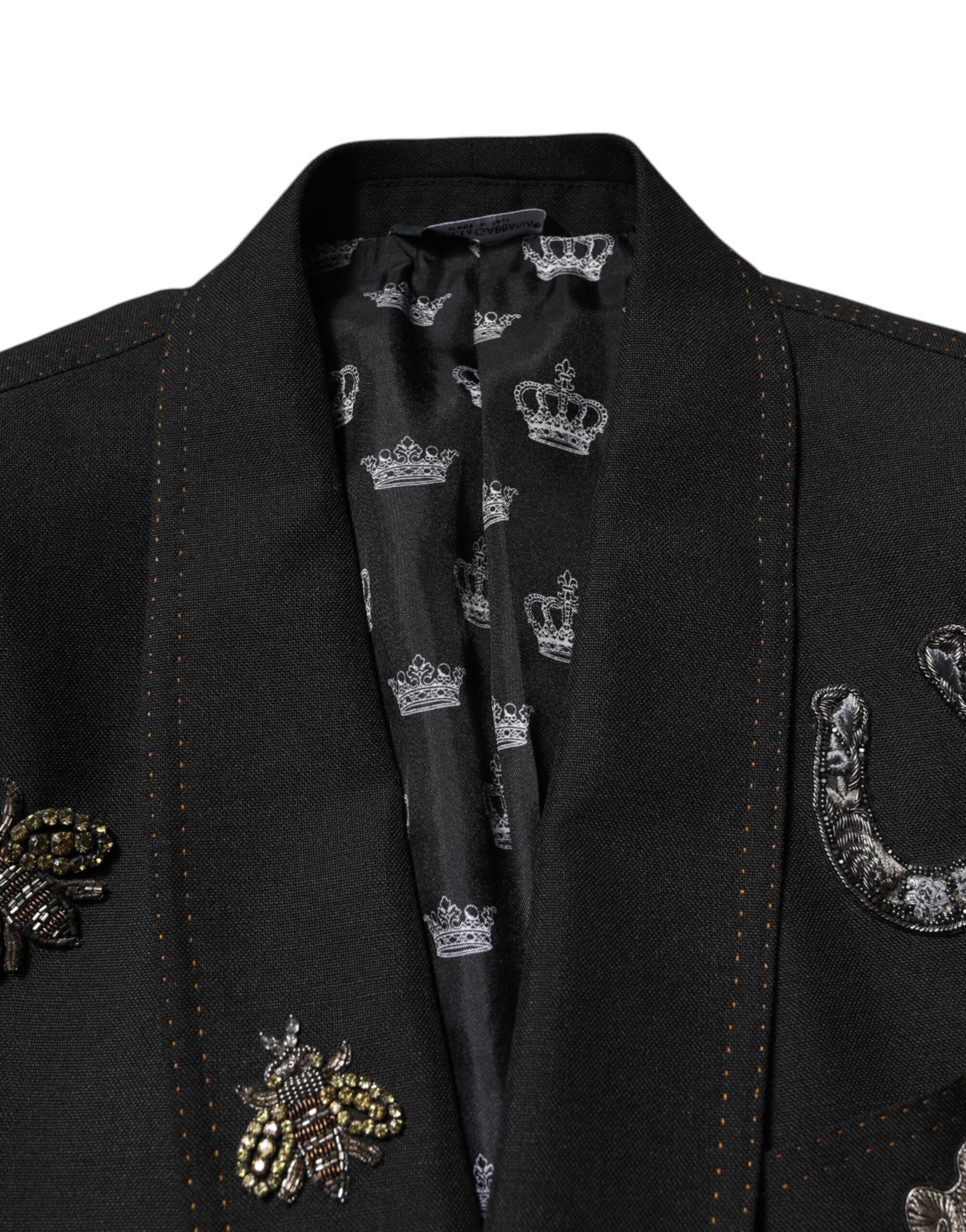 Dolce & Gabbana Black Bee Crown Embellished Suit Coat Blazer
