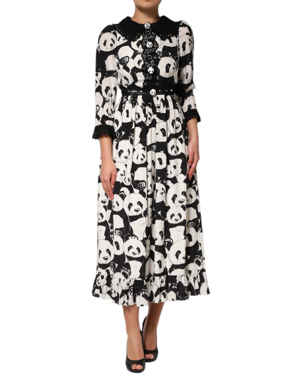 Dolce & Gabbana White Black Panda Print Flared Midi Dress
