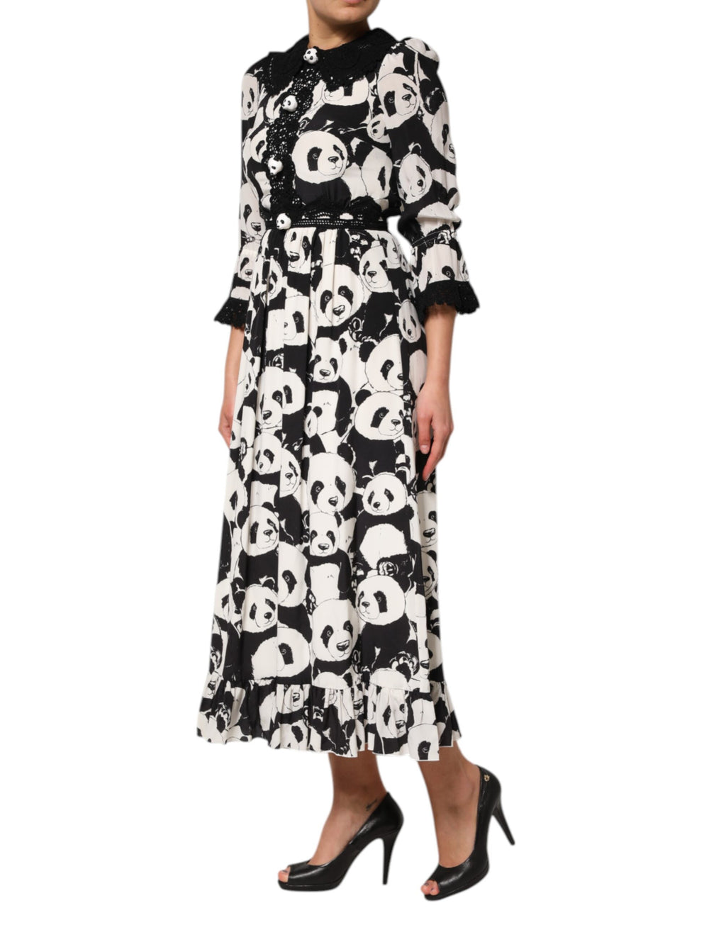 Dolce & Gabbana White Black Panda Print Flared Midi Dress